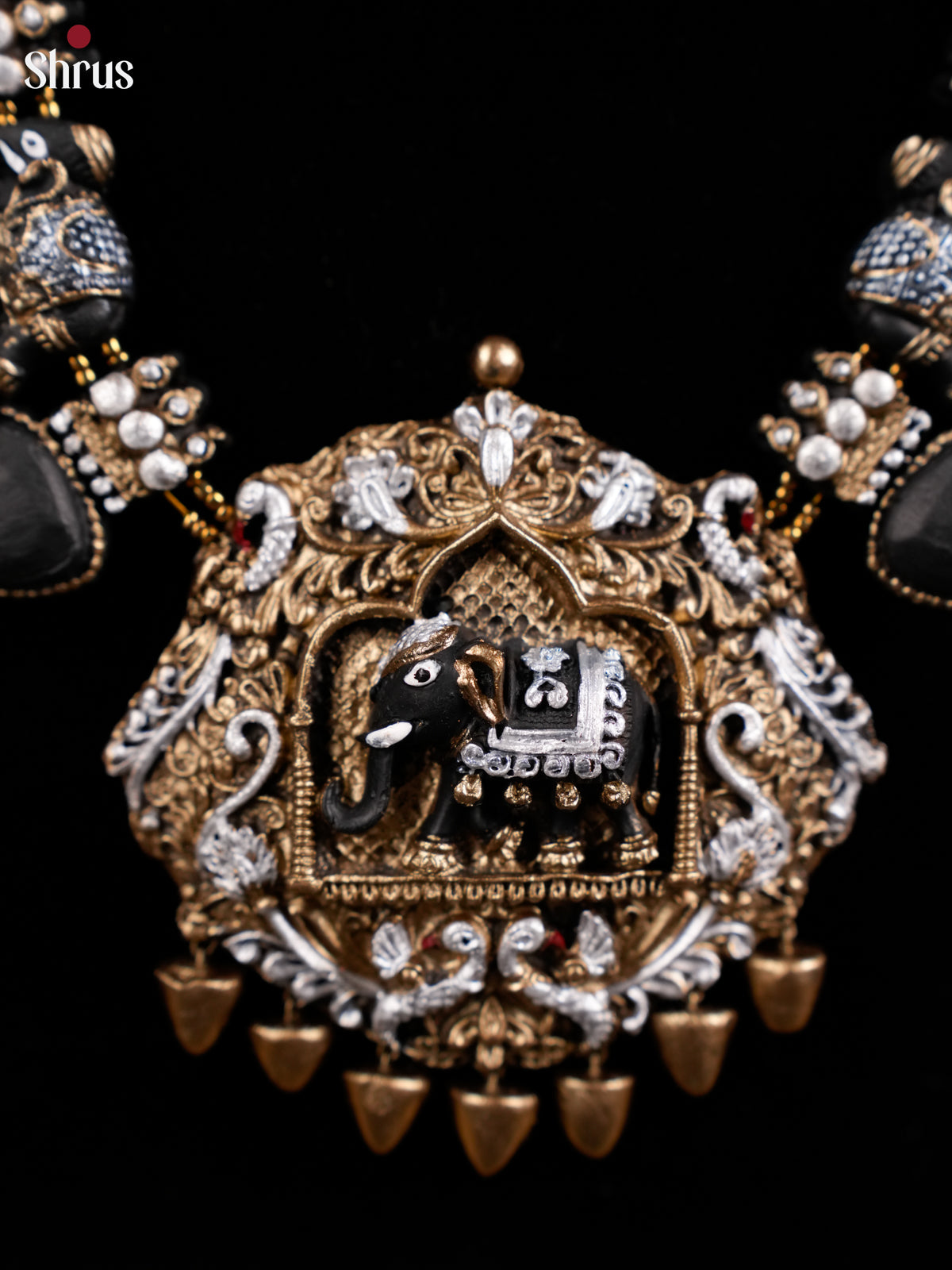 Antique Black Elephant design haram Terracotta jewellery set with earring - EAJ16022 - Shop on Shrus.com