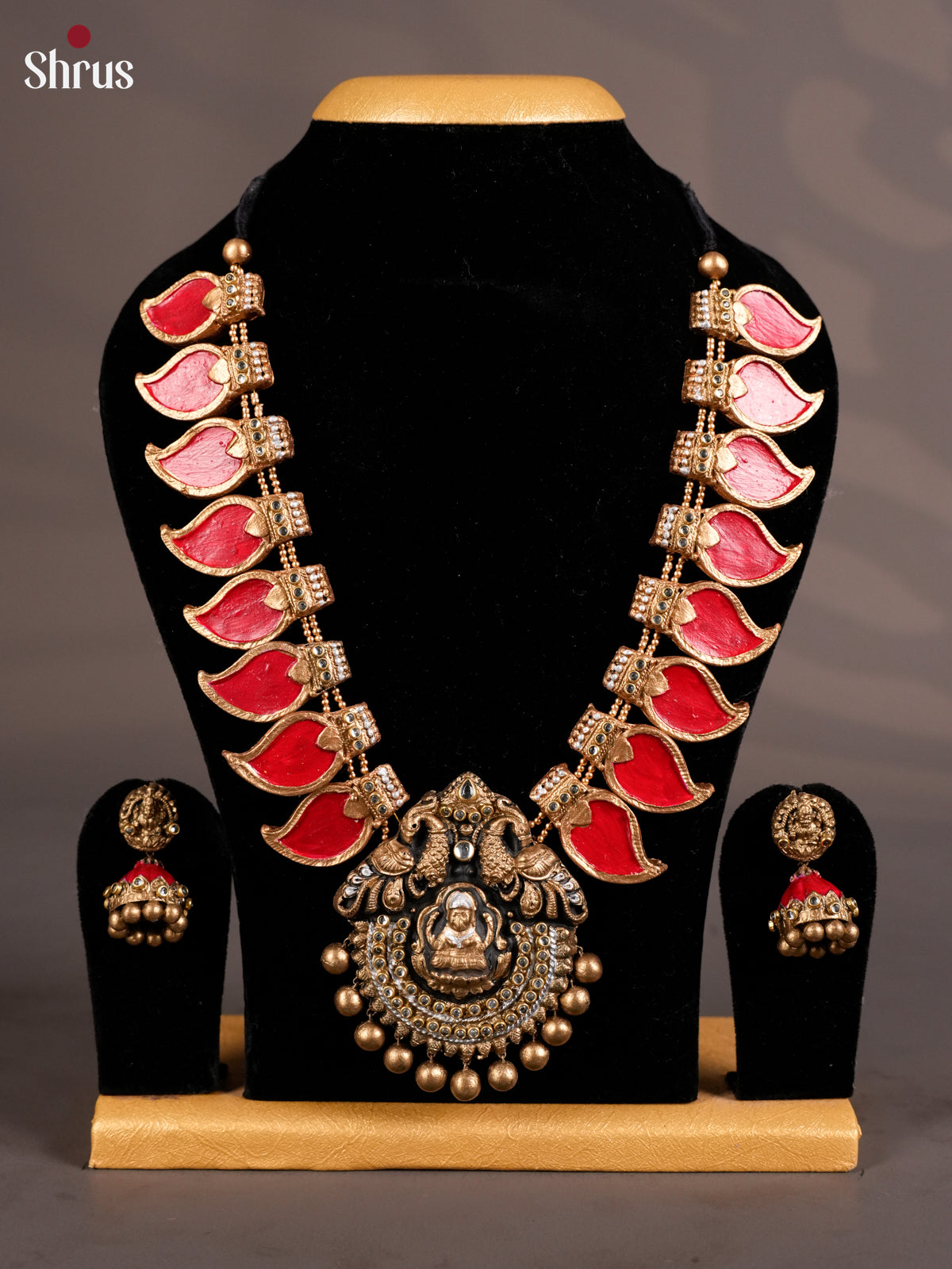 Stunning Red Manga motifs terracotta necklace Set with Jhumka -EAJ16029 - Shop on Shrus.com