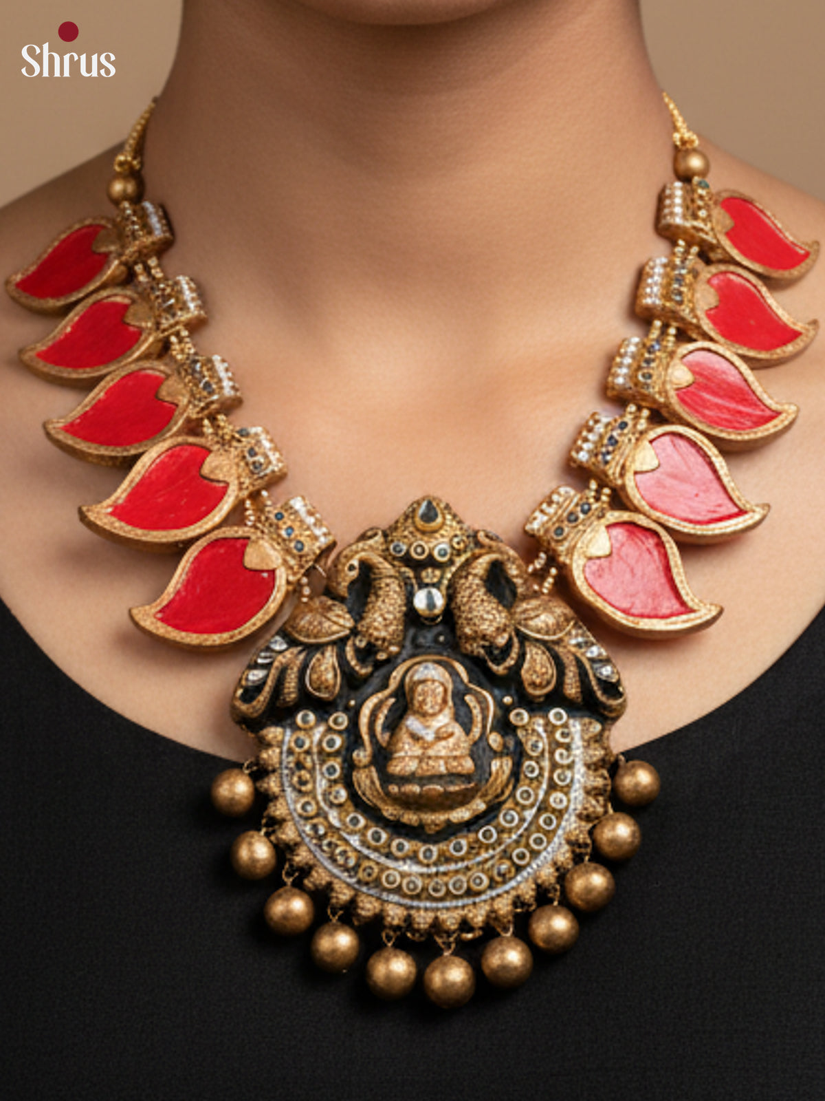 Stunning Red Manga motifs terracotta necklace Set with Jhumka -EAJ16029 - Shop on Shrus.com