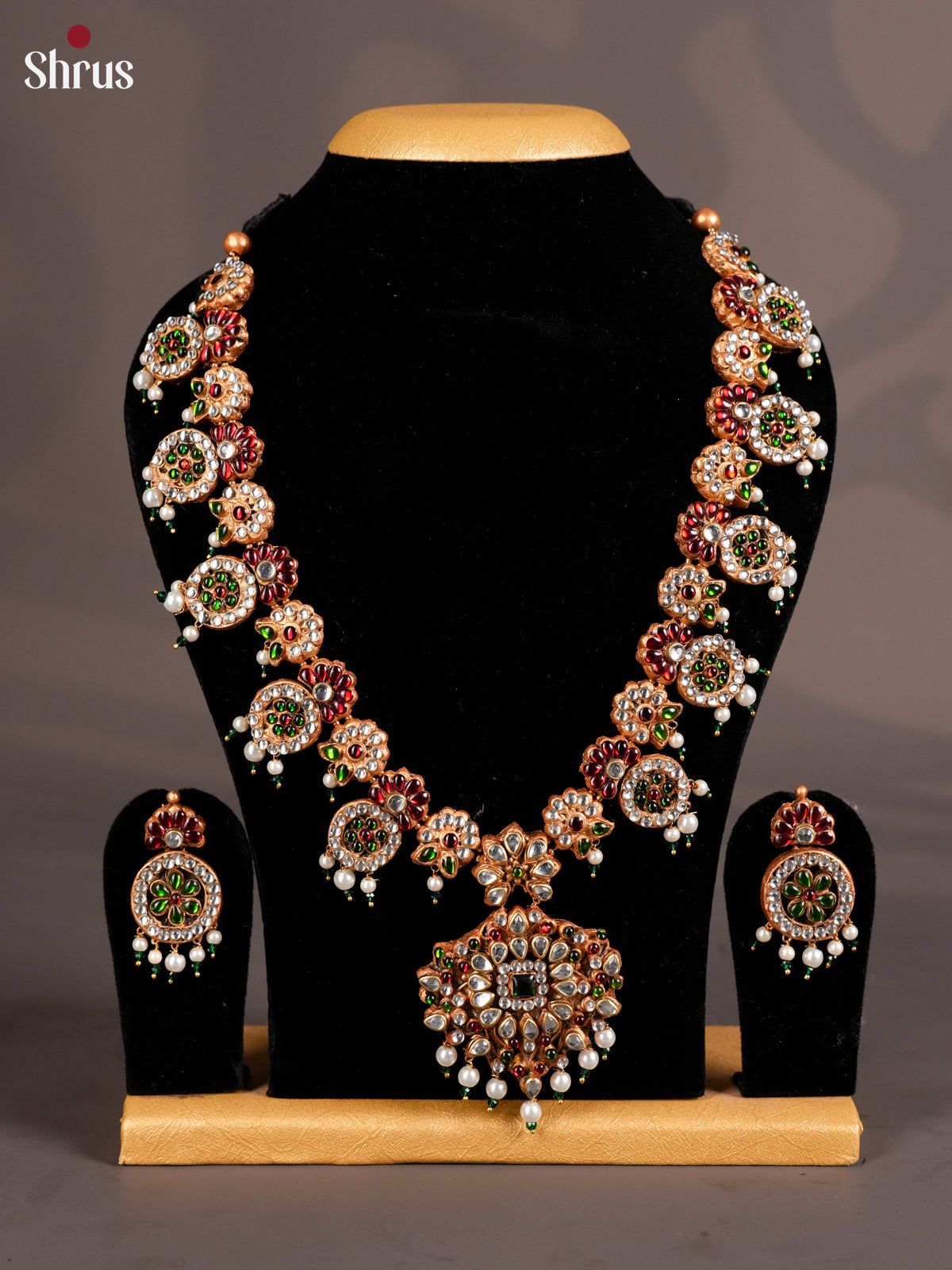 Graceful handcrafted Floral Terracotta jewellery set with white, red kemp stones -EAJ16033 - Shop on Shrus.com