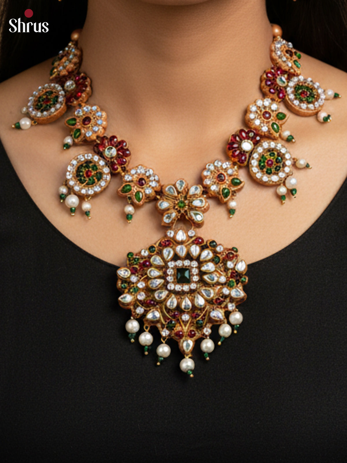 Graceful handcrafted Floral Terracotta jewellery set with white, red kemp stones -EAJ16033 - Shop on Shrus.com