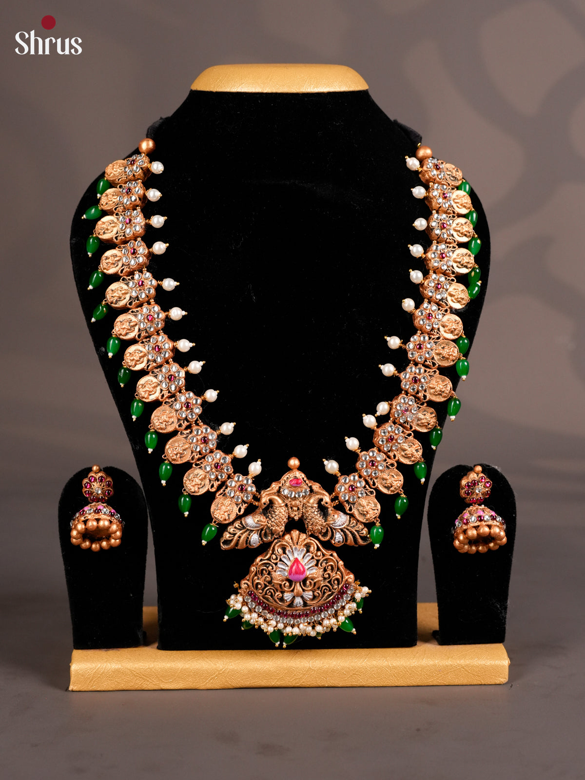 Handcrafted Lakshmi motifs Peacock pendant Terracotta jewellery set with Jhumka - EAJ16040 - Shop on Shrus.com