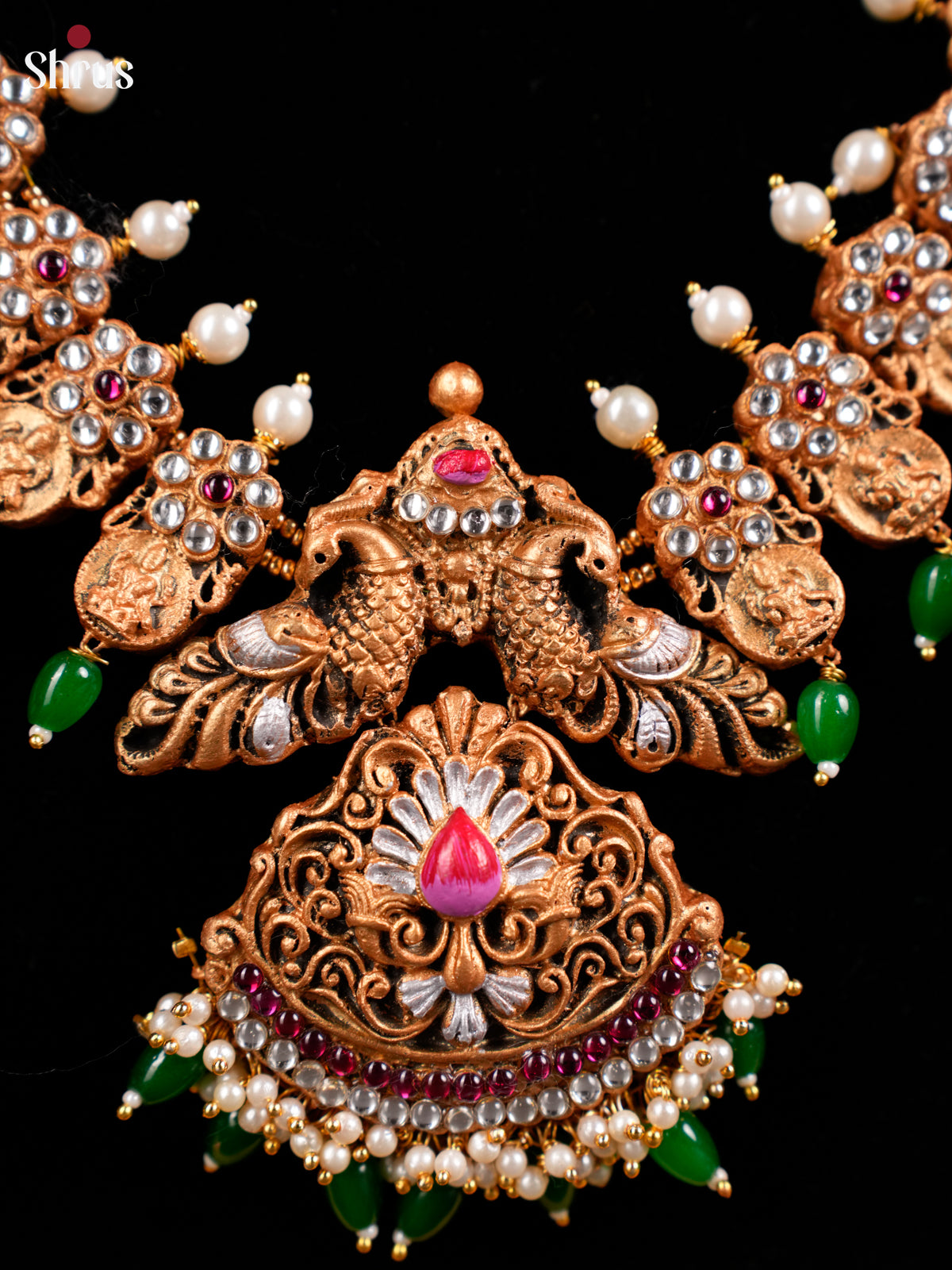 Handcrafted Lakshmi motifs Peacock pendant Terracotta jewellery set with Jhumka - EAJ16040 - Shop on Shrus.com