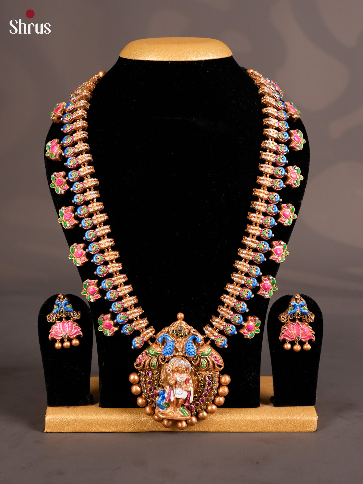 Traditional Murugan Pendant Terracotta haram set with lotus earring - EAJ16042 - Shop on Shrus.com