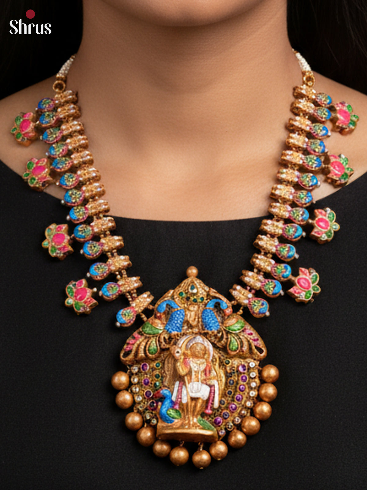Traditional Murugan Pendant Terracotta haram set with lotus earring - EAJ16042 - Shop on Shrus.com