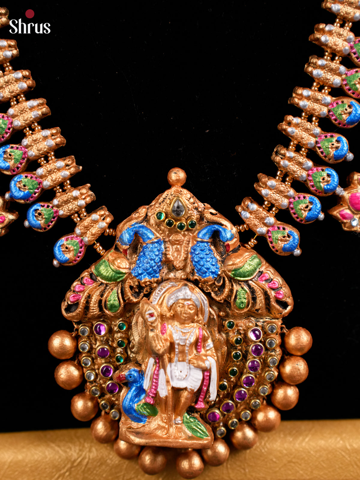 Traditional Murugan Pendant Terracotta haram set with lotus earring - EAJ16042 - Shop on Shrus.com