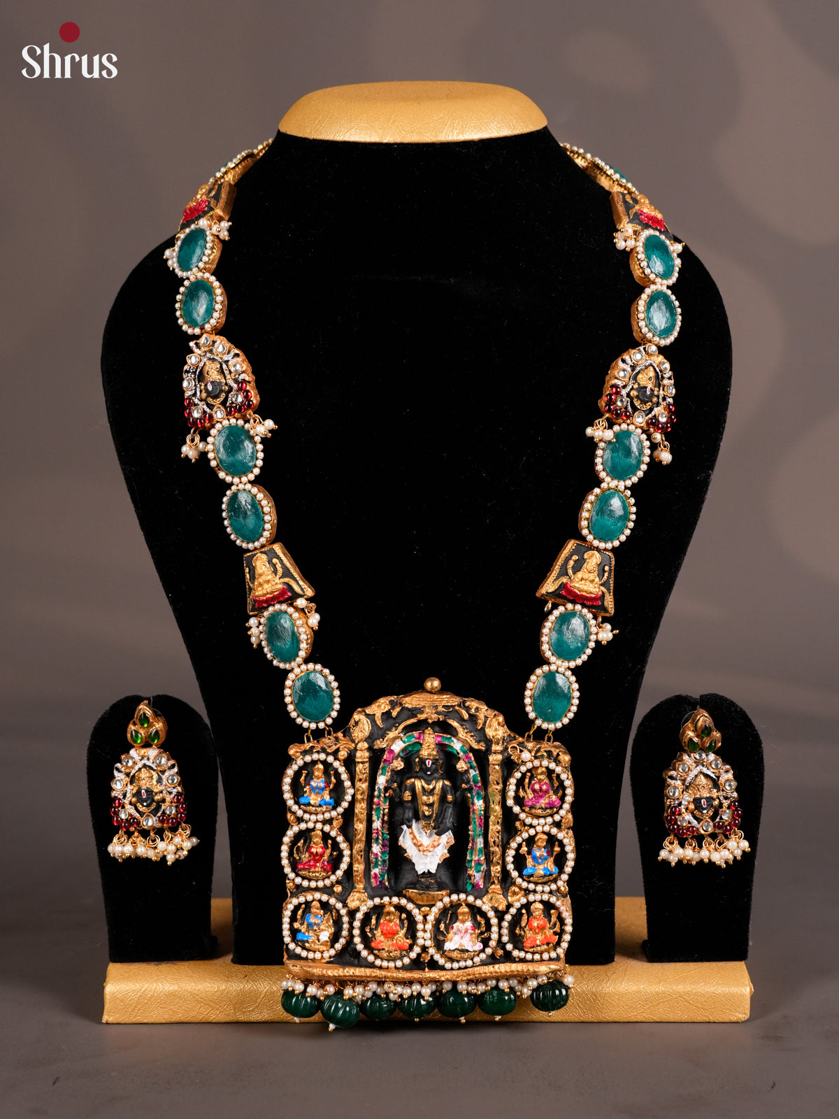 Divine Balaji with Astalakshmi pendant Terracotta necklace set with earring - EAJ16043 - Shop on Shrus.com