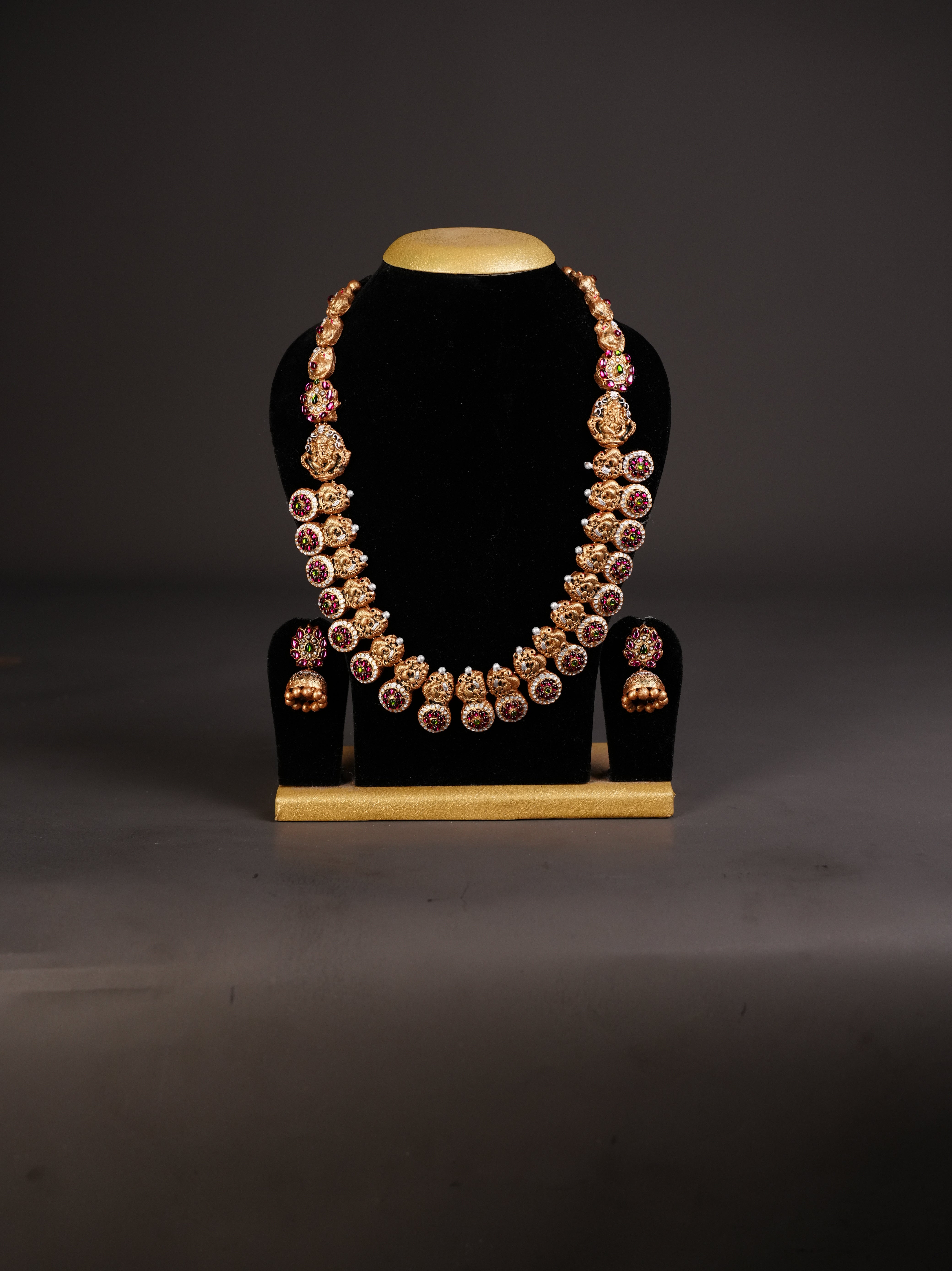 Exquisite Peacock Design Haram terracotta set with kemp stones - EAJ24004 - Shop on Shrus.com