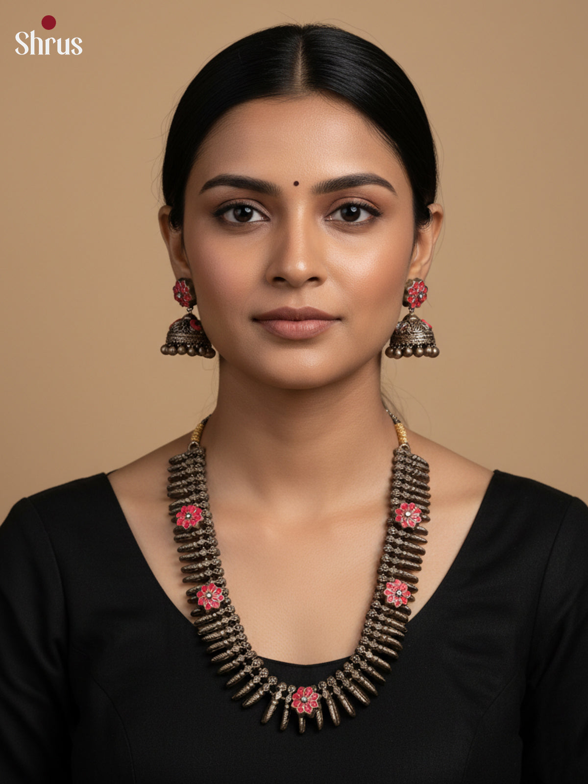 Antique Kerala style Mullu Mottu Haram Terracotta set with Jhumkas -EAJ24002 - Shop on Shrus.com