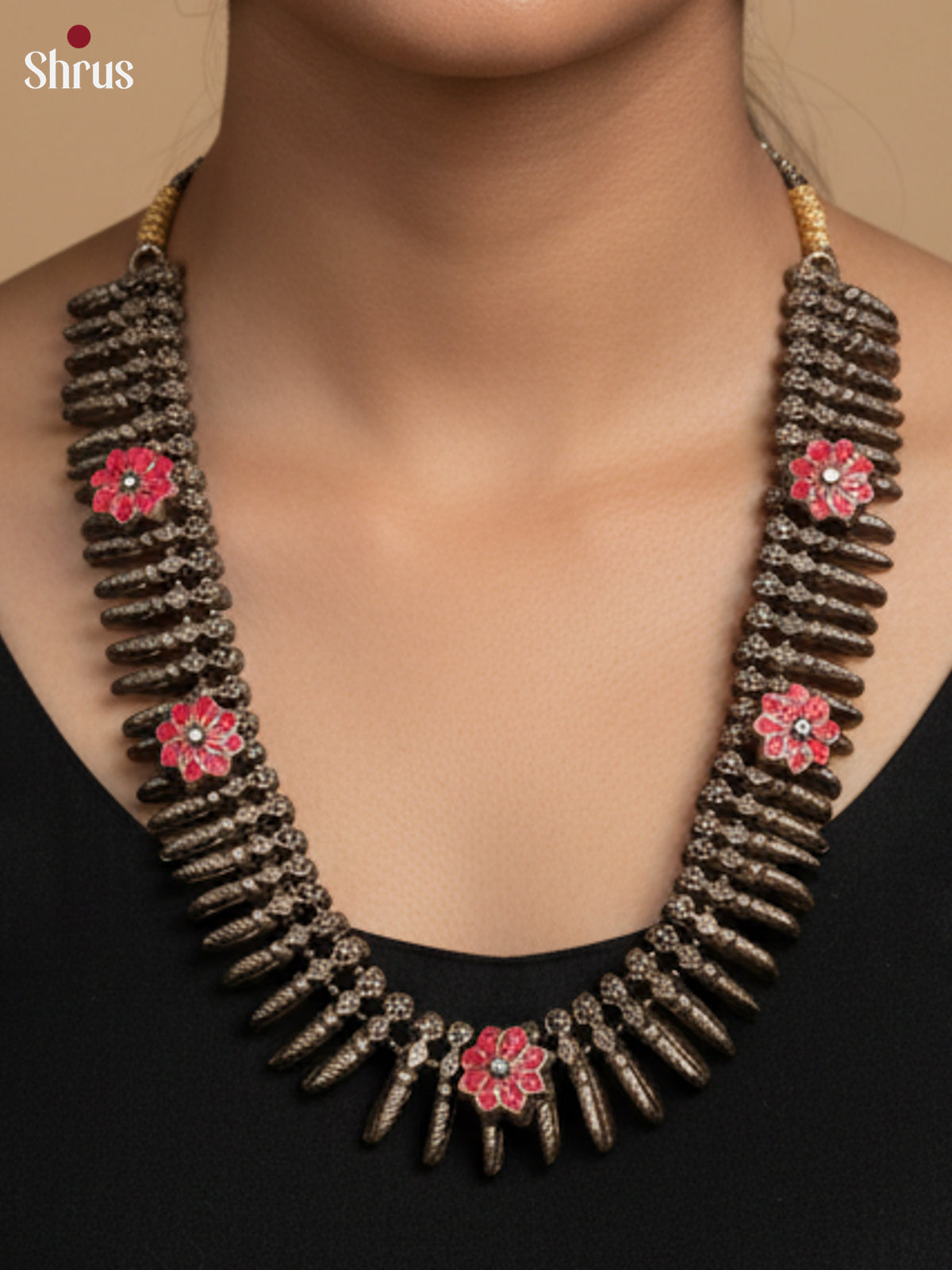 Antique Kerala style Mullu Mottu Haram Terracotta set with Jhumkas -EAJ24002 - Shop on Shrus.com