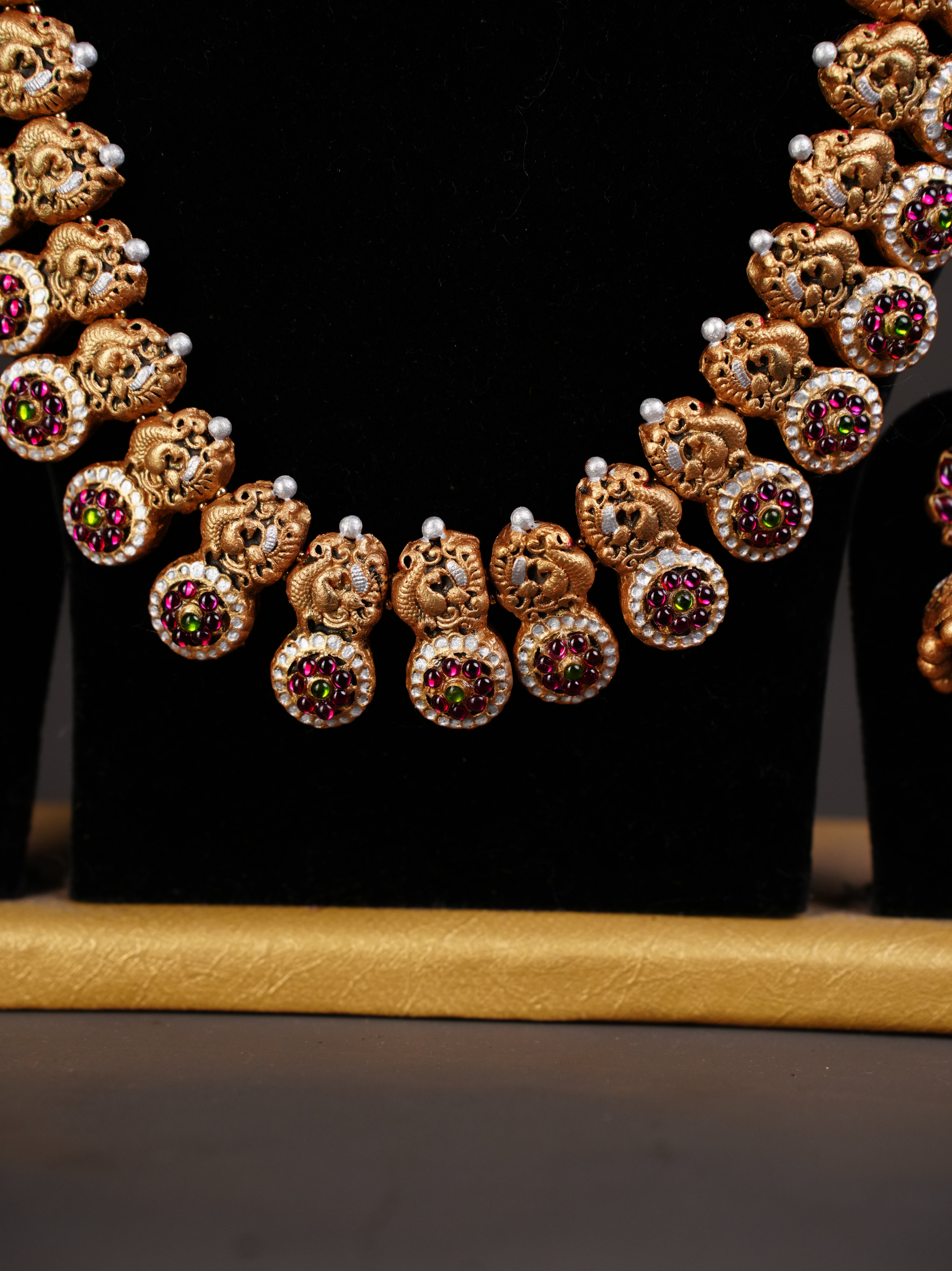 Exquisite Peacock Design Haram terracotta set with kemp stones - EAJ24004 - Shop on Shrus.com