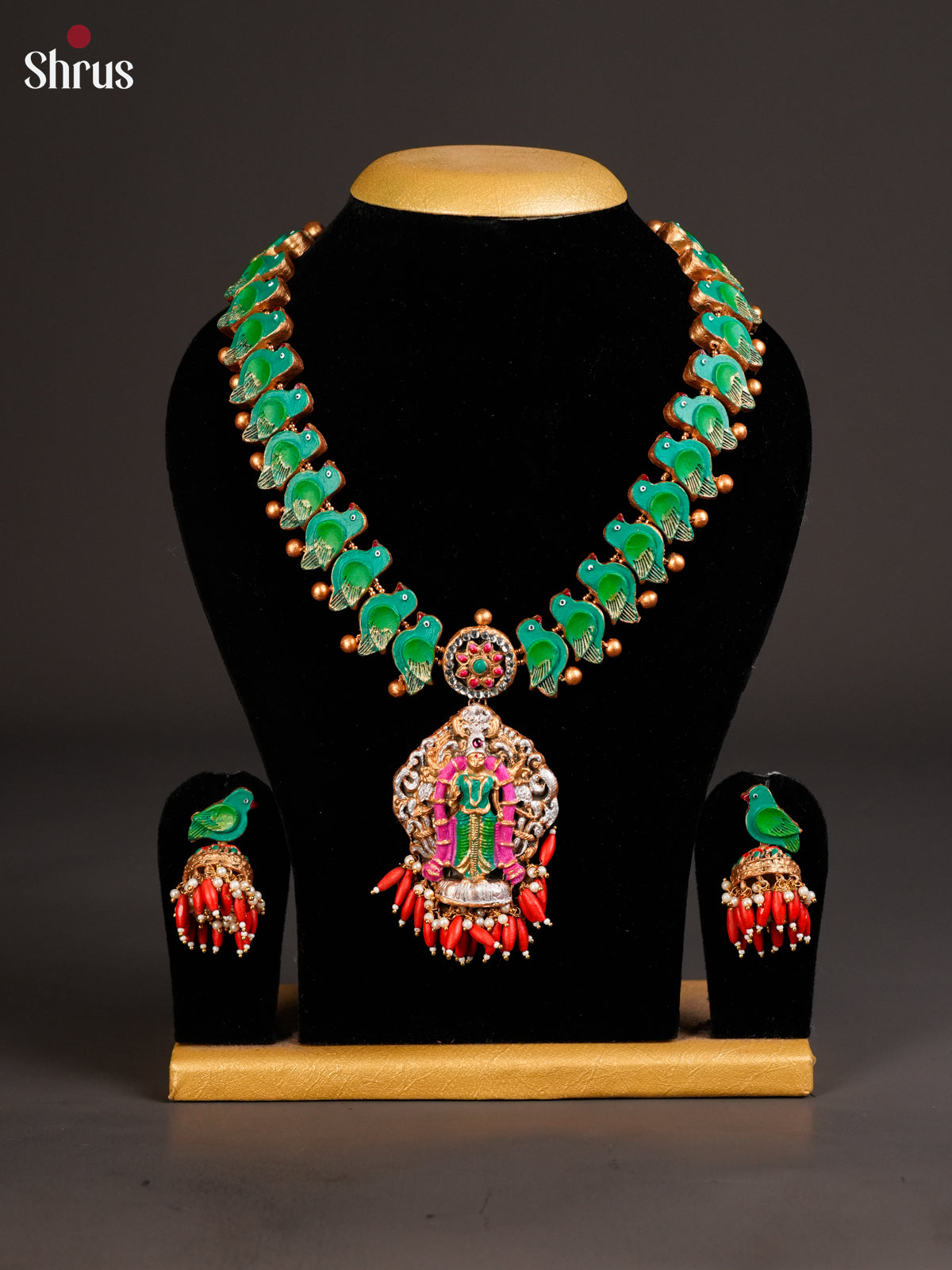 Artistic Meenakshi amman Necklace with parrot motifs, Jhumkas Terracotta Set - EAJ24008 - Shop on Shrus.com