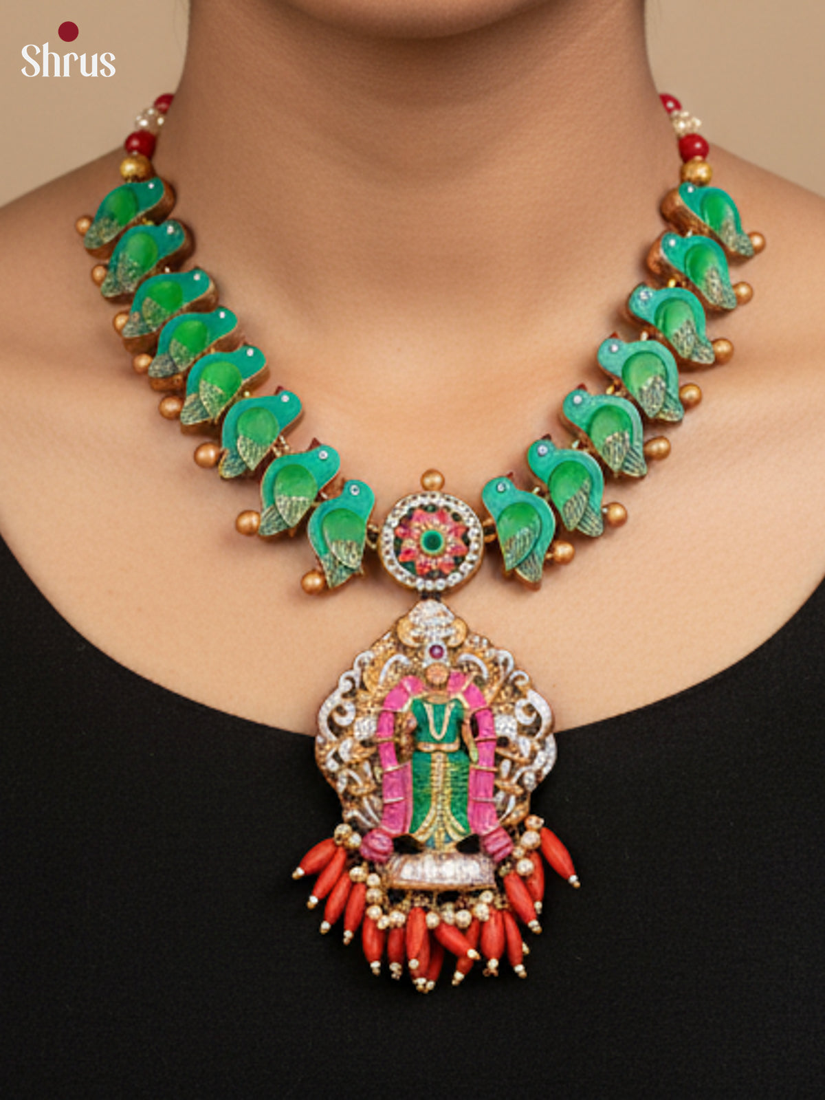 Artistic Meenakshi amman Necklace with parrot motifs, Jhumkas Terracotta Set - EAJ24008 - Shop on Shrus.com