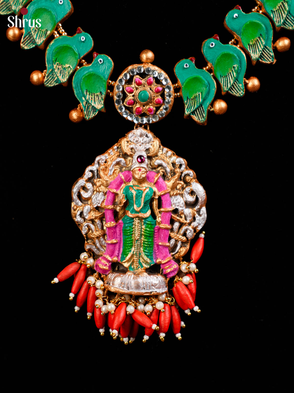 Artistic Meenakshi amman Necklace with parrot motifs, Jhumkas Terracotta Set - EAJ24008 - Shop on Shrus.com