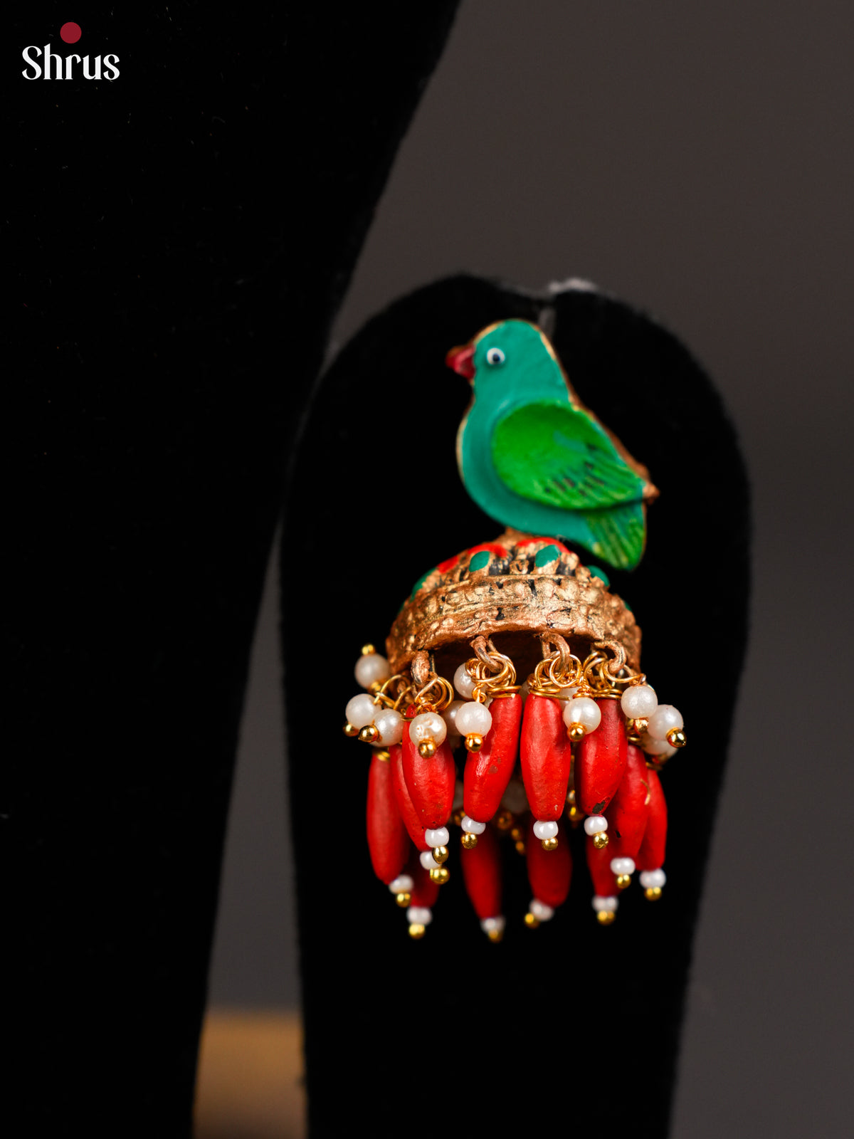 Artistic Meenakshi amman Necklace with parrot motifs, Jhumkas Terracotta Set - EAJ24008 - Shop on Shrus.com