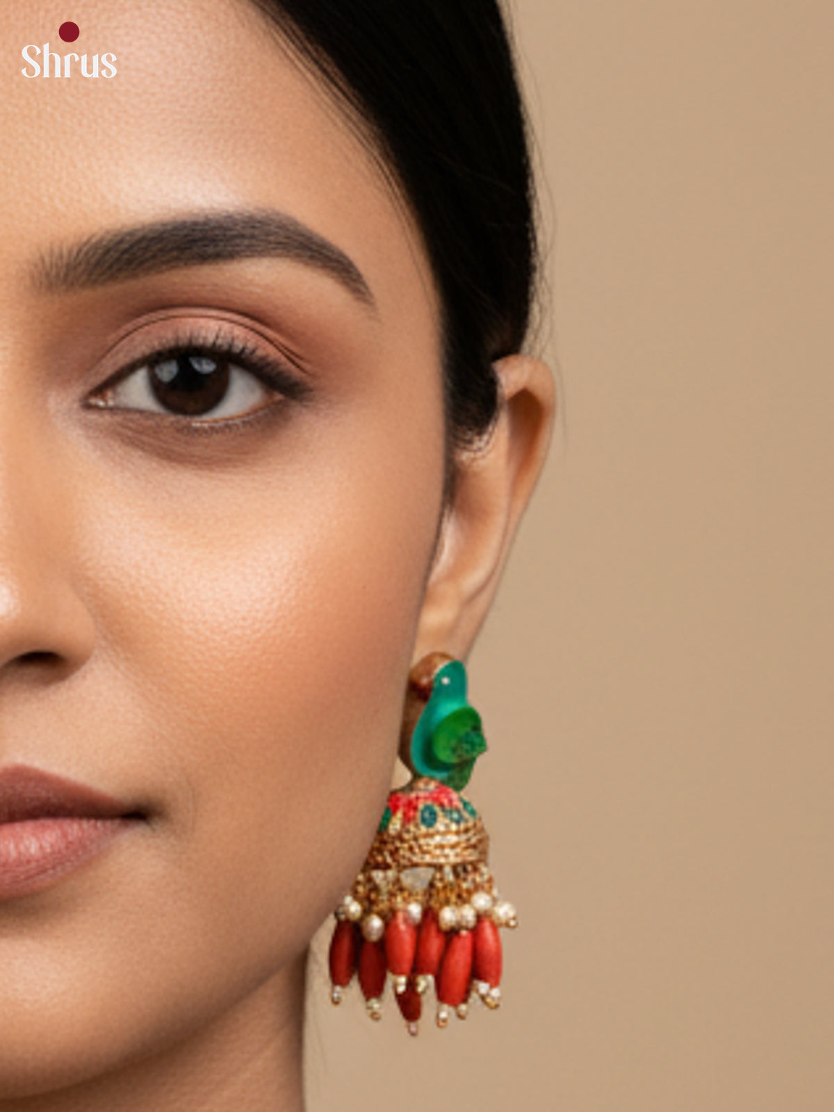 Artistic Meenakshi amman Necklace with parrot motifs, Jhumkas Terracotta Set - EAJ24008 - Shop on Shrus.com