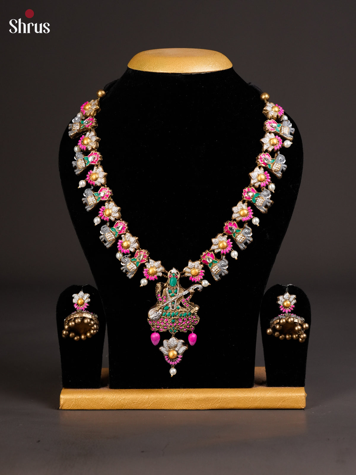 Handmade Elephant design necklace with Saraswathy pendant terracotta set - EAJ24010 - Shop on Shrus.com