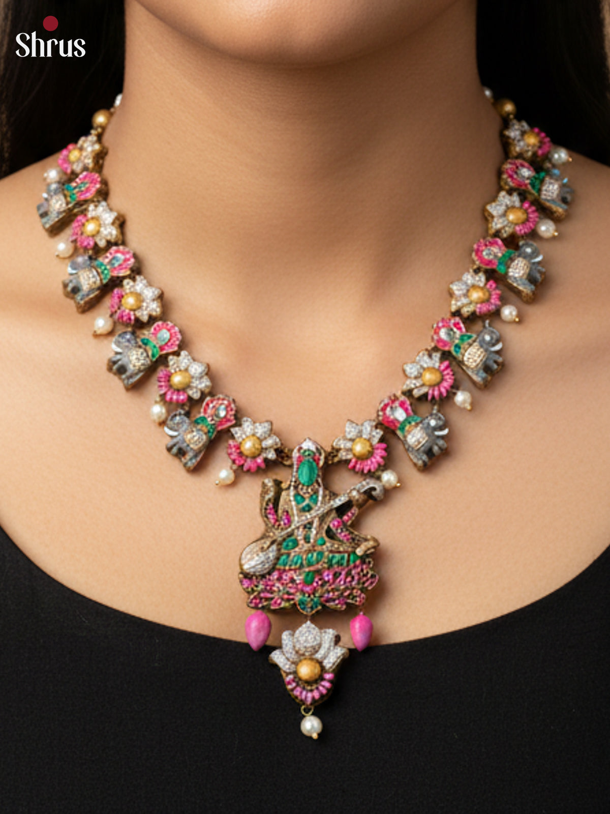 Handmade Elephant design necklace with Saraswathy pendant terracotta set - EAJ24010 - Shop on Shrus.com