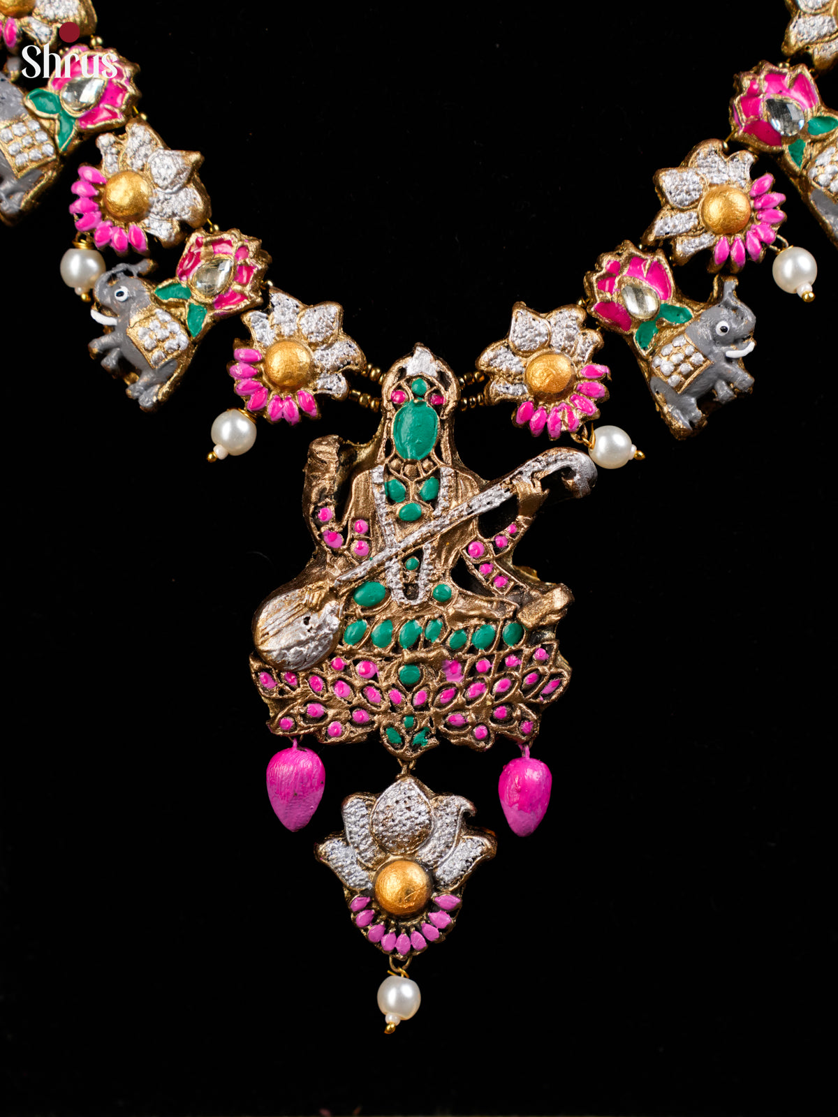 Handmade Elephant design necklace with Saraswathy pendant terracotta set - EAJ24010 - Shop on Shrus.com