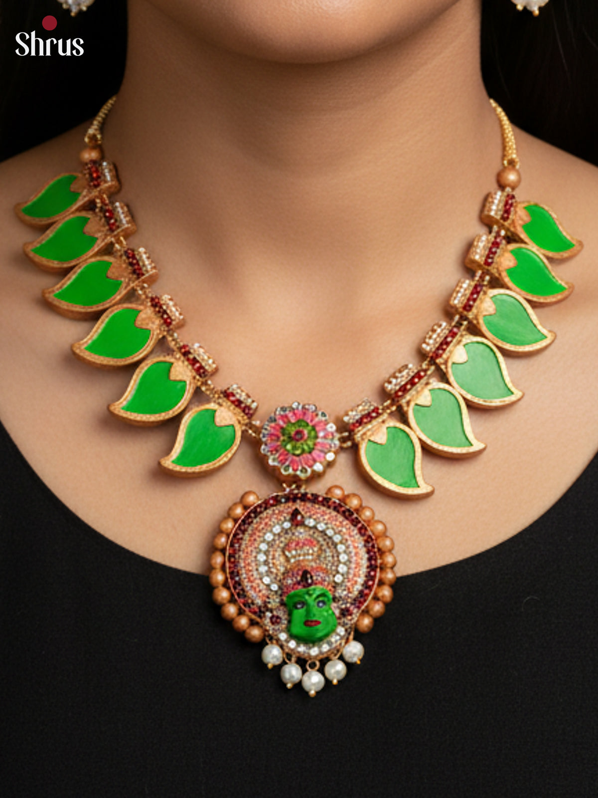 Ethnic Green Manga Necklace with kathakali Pendant Terracotta set - EAJ24011 - Shop on Shrus.com