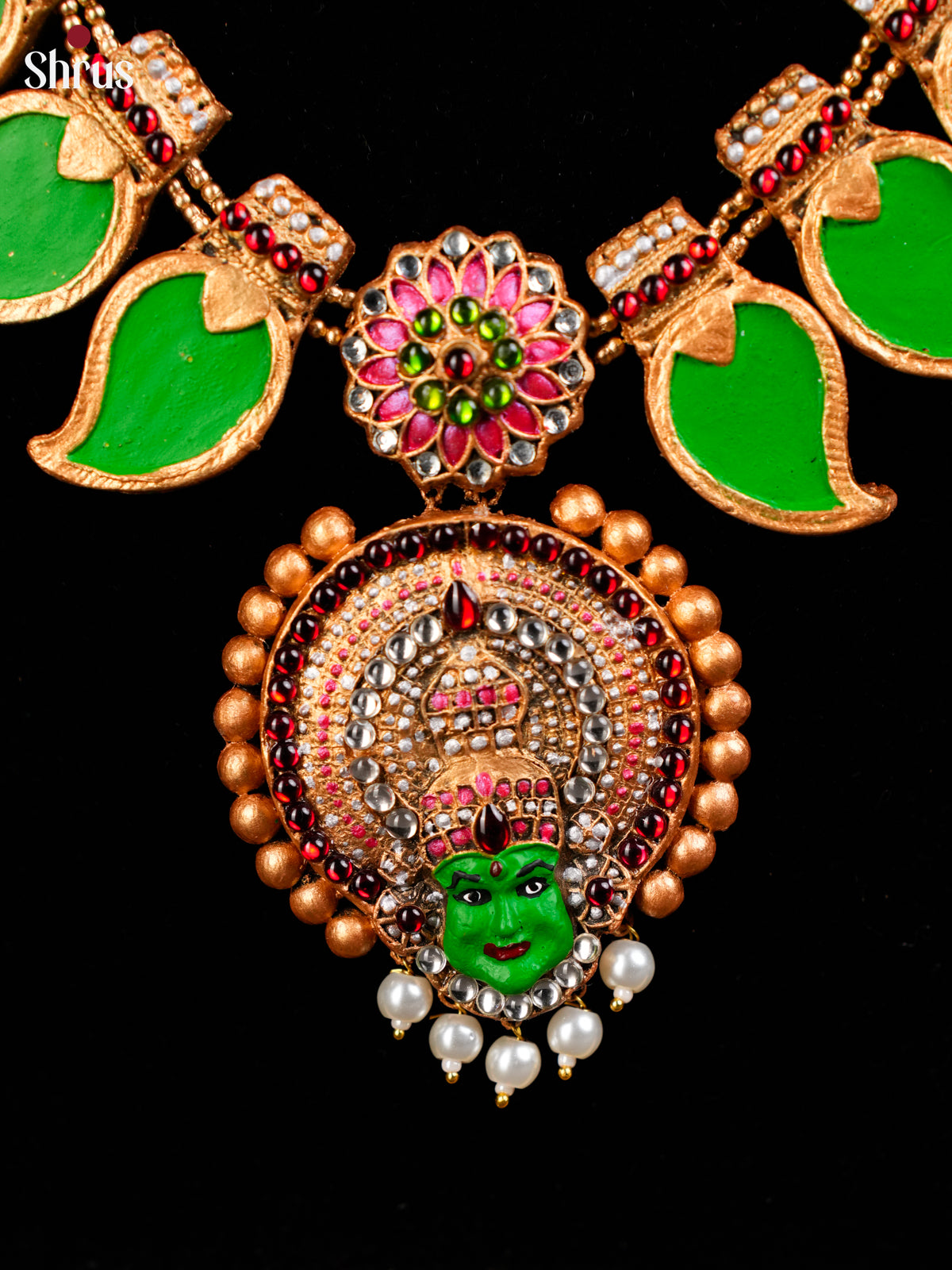 Ethnic Green Manga Necklace with kathakali Pendant Terracotta set - EAJ24011 - Shop on Shrus.com