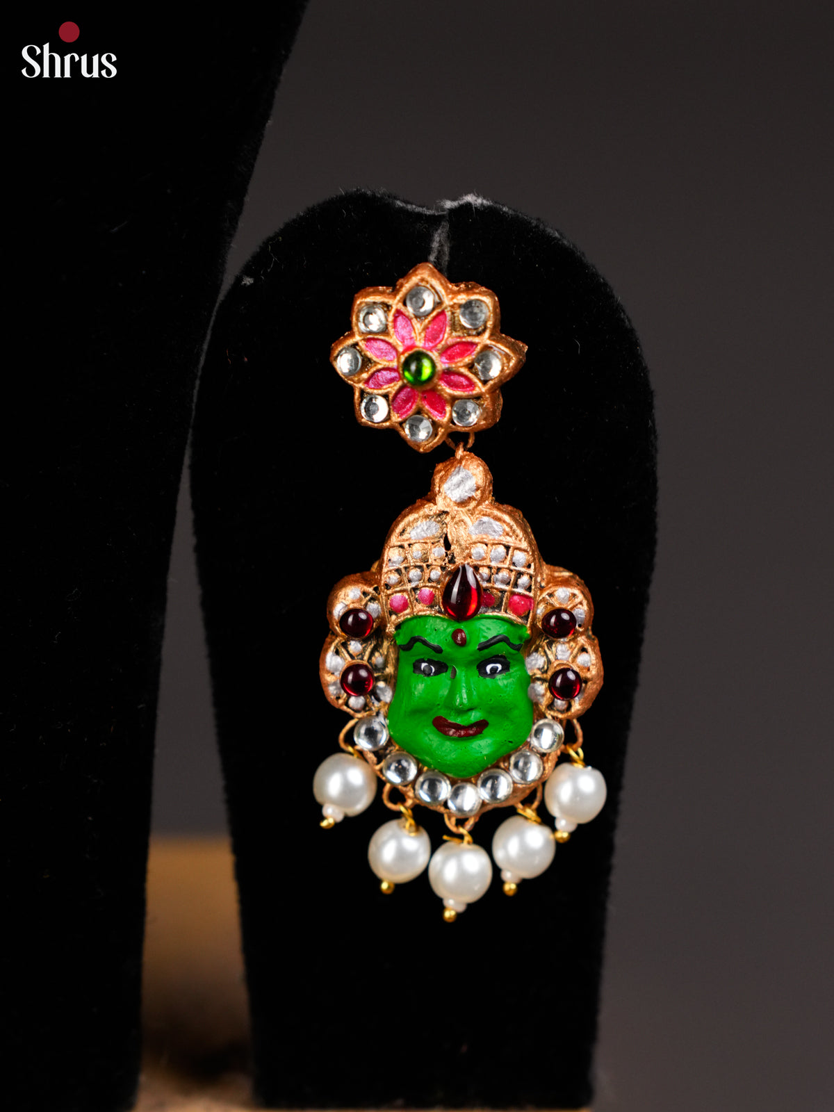 Ethnic Green Manga Necklace with kathakali Pendant Terracotta set - EAJ24011 - Shop on Shrus.com