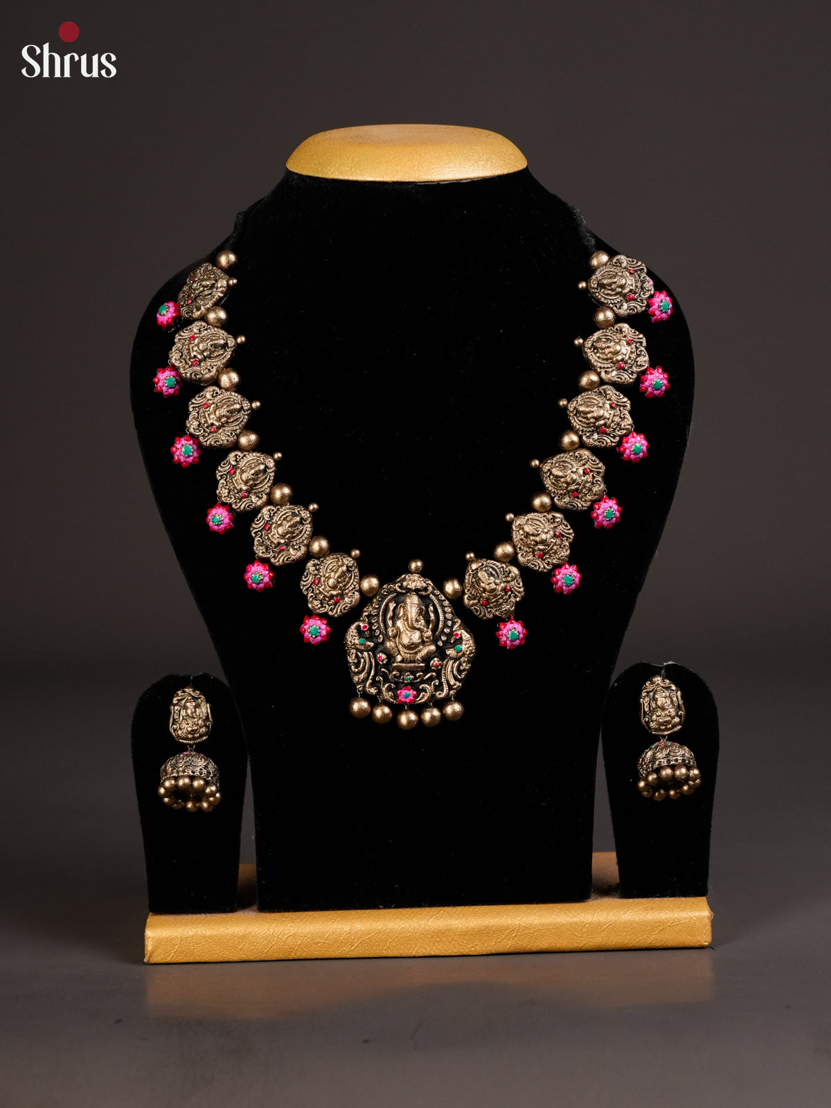 Handcrafted Antique Ganesha terracotta necklace set with Jhumka -EAJ24013 - Shop on Shrus.com