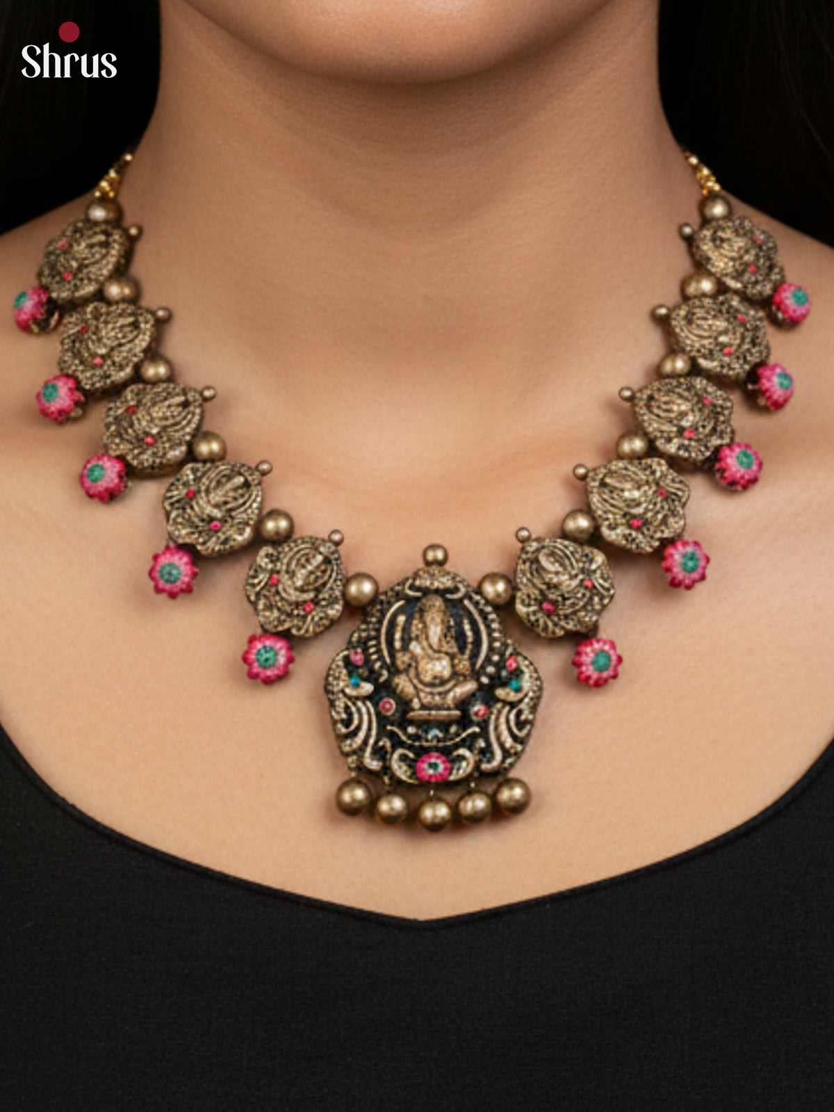 Handcrafted Antique Ganesha terracotta necklace set with Jhumka -EAJ24013 - Shop on Shrus.com
