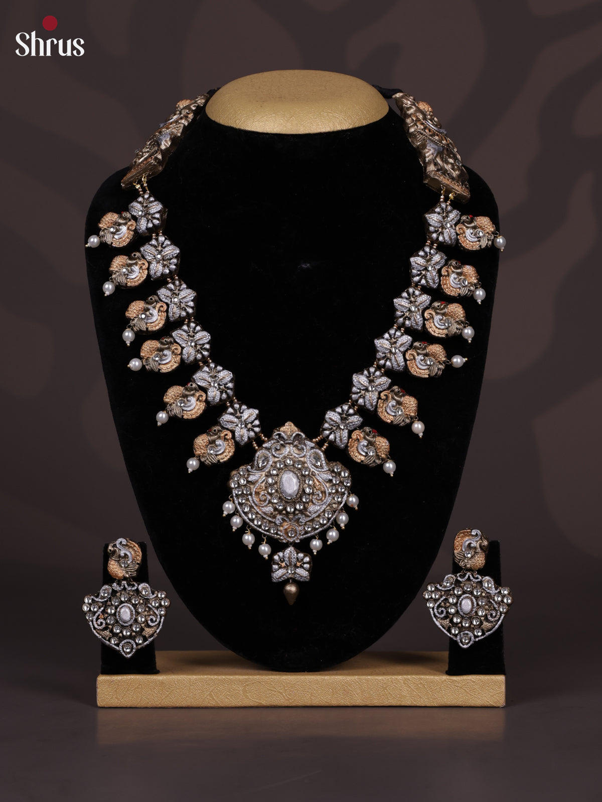 Antique Silver Terra cotta necklace with peacock motifs - EAJ24015 - Shop on Shrus.com