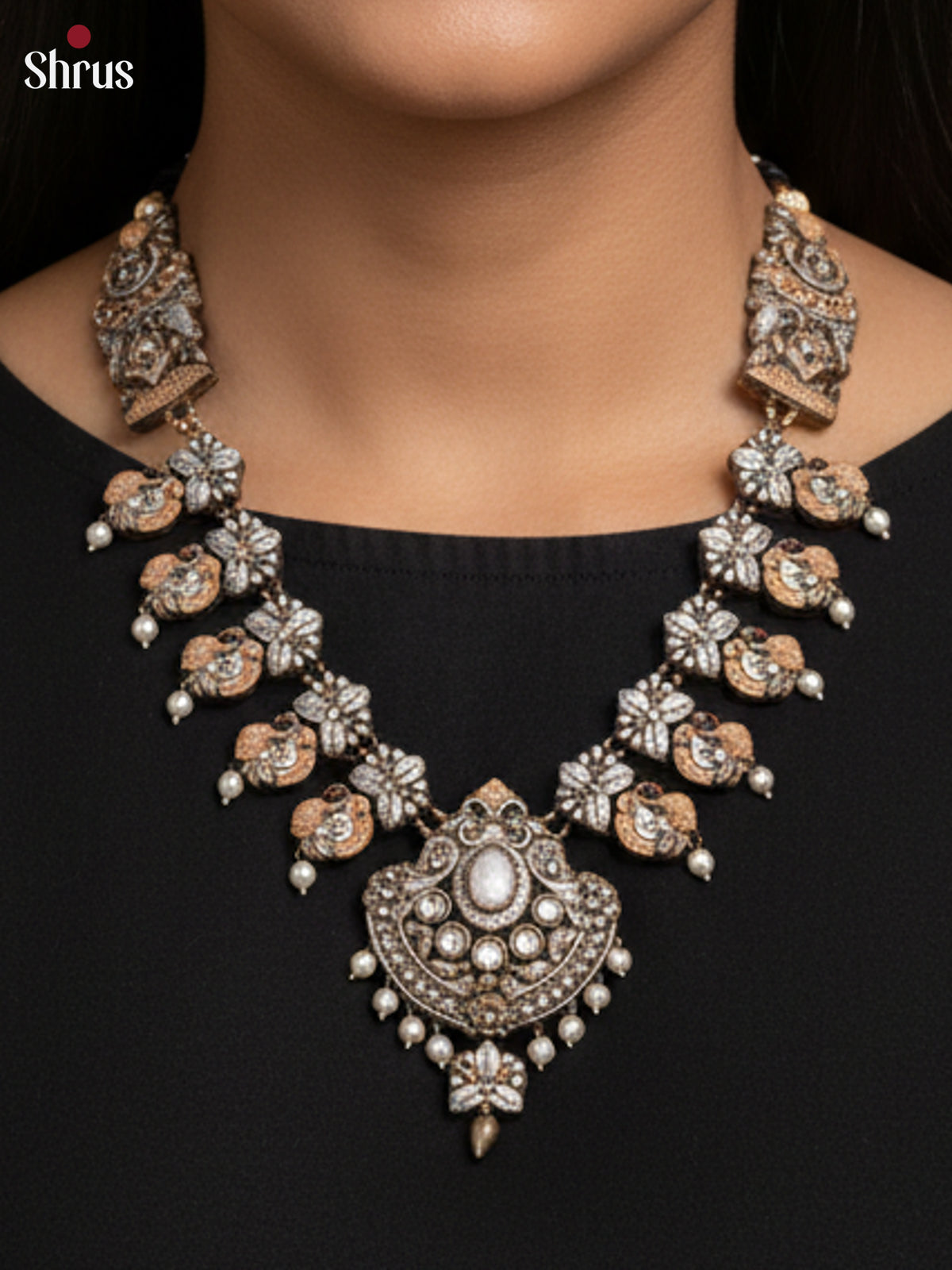 Antique Silver Terra cotta necklace with peacock motifs - EAJ24015 - Shop on Shrus.com