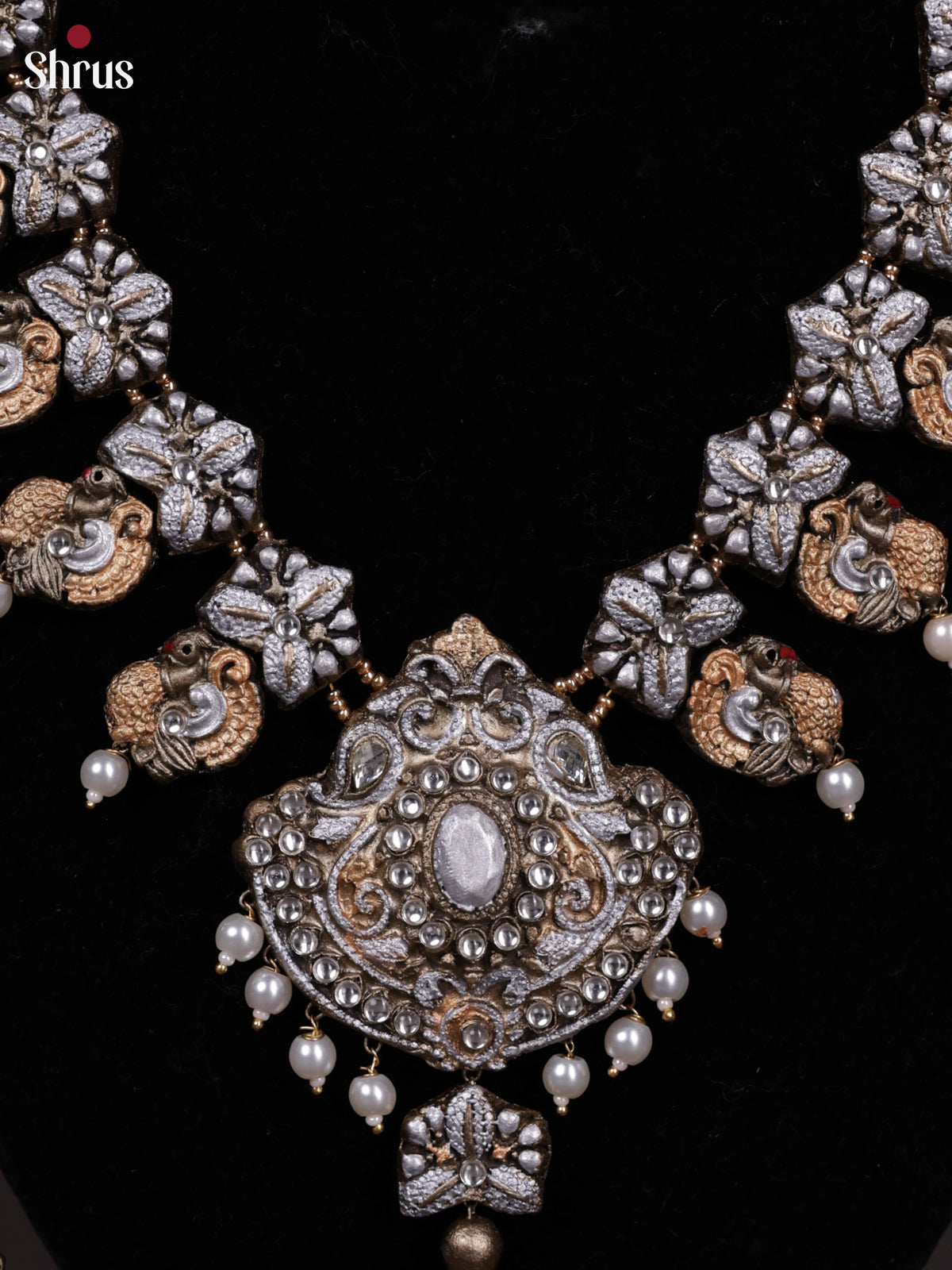 Antique Silver Terra cotta necklace with peacock motifs - EAJ24015 - Shop on Shrus.com