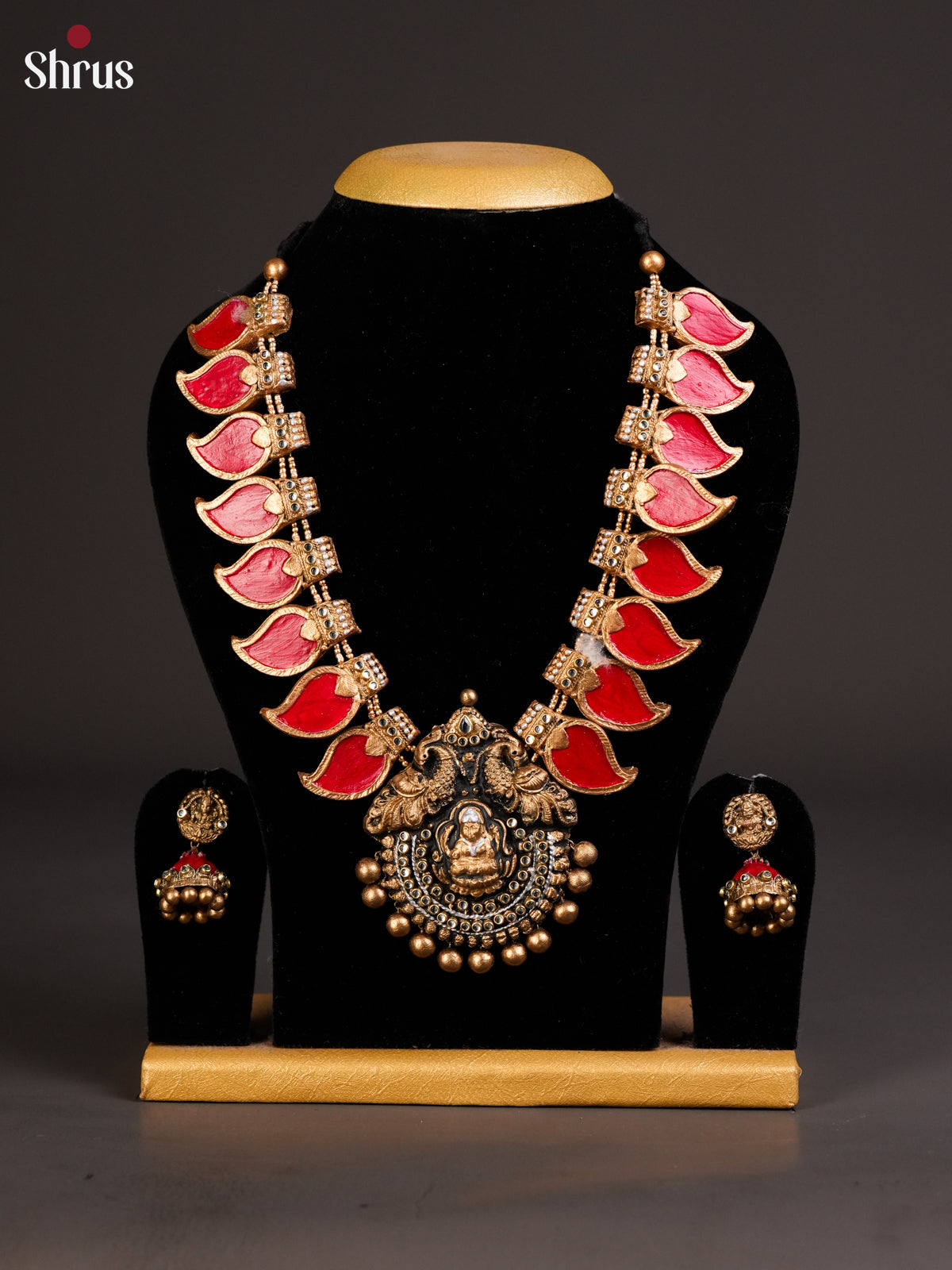 Traditional Red manga Palaka Necklace tearracotta Set with jhumka- EAJ24020