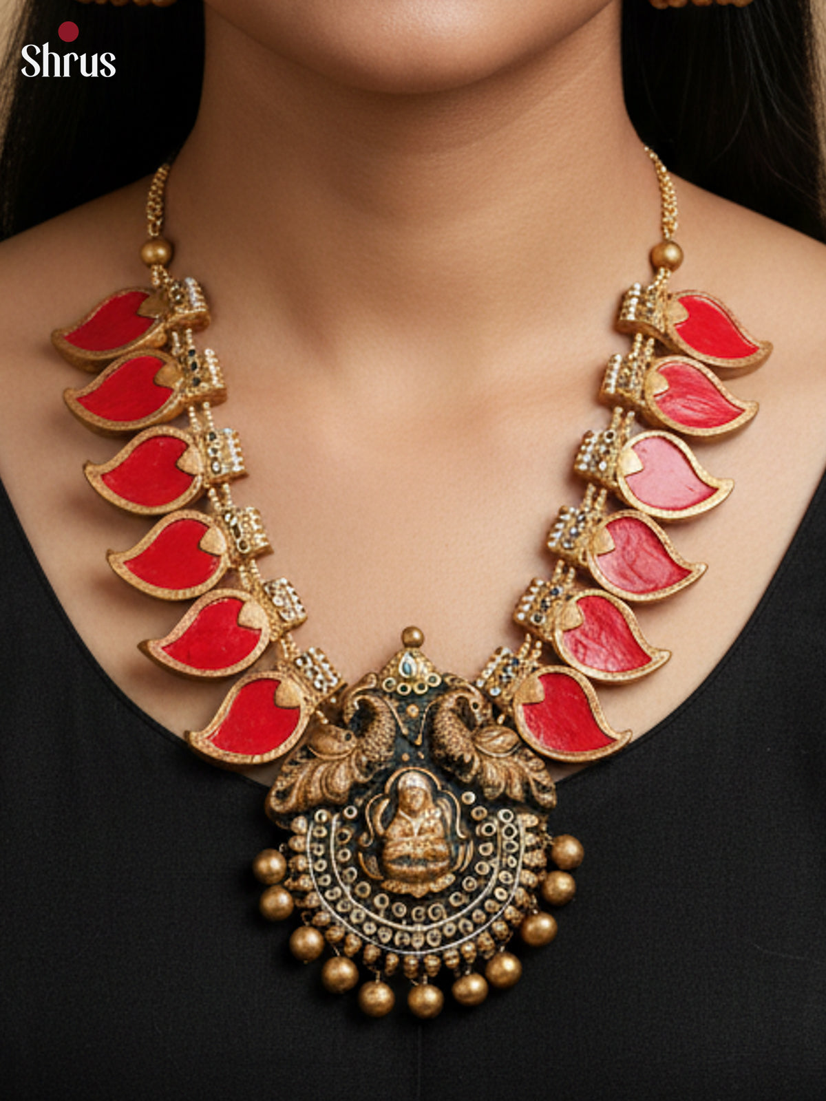 Traditional Red manga Palaka Necklace tearracotta Set with jhumka- EAJ24020 - Shop on Shrus.com