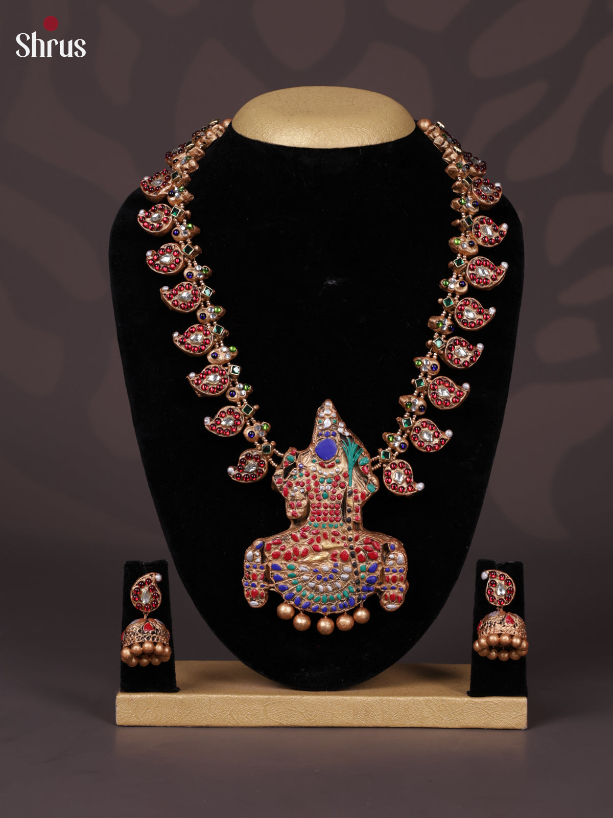 Beautiful Terracotta with manga motifs & kamakshi pendant with kemp stones -EAJ30010