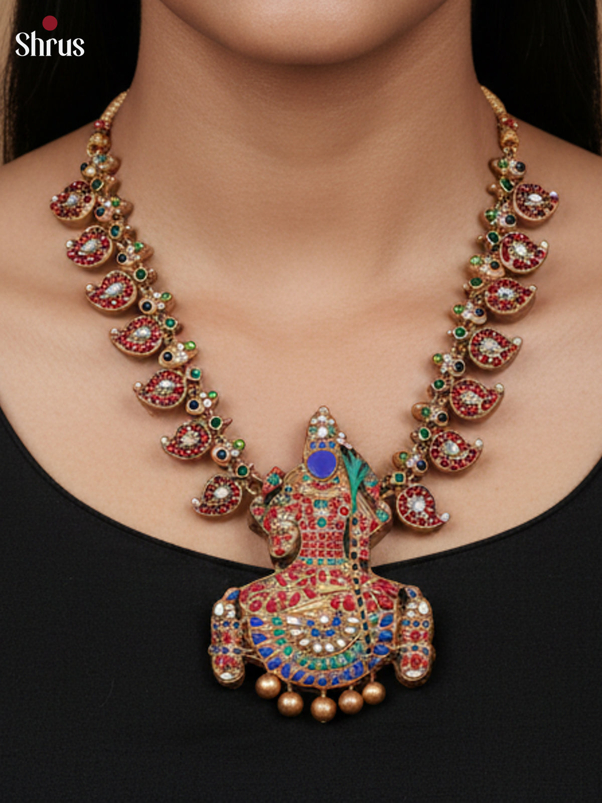 Beautiful Terracotta with manga motifs & kamakshi pendant with kemp stones -EAJ30010