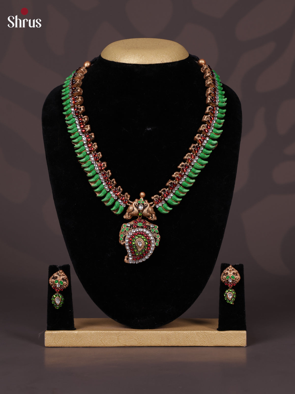 Handmade Green Mottu beads with Paisley pendant Terracotta Set-EAJ30017