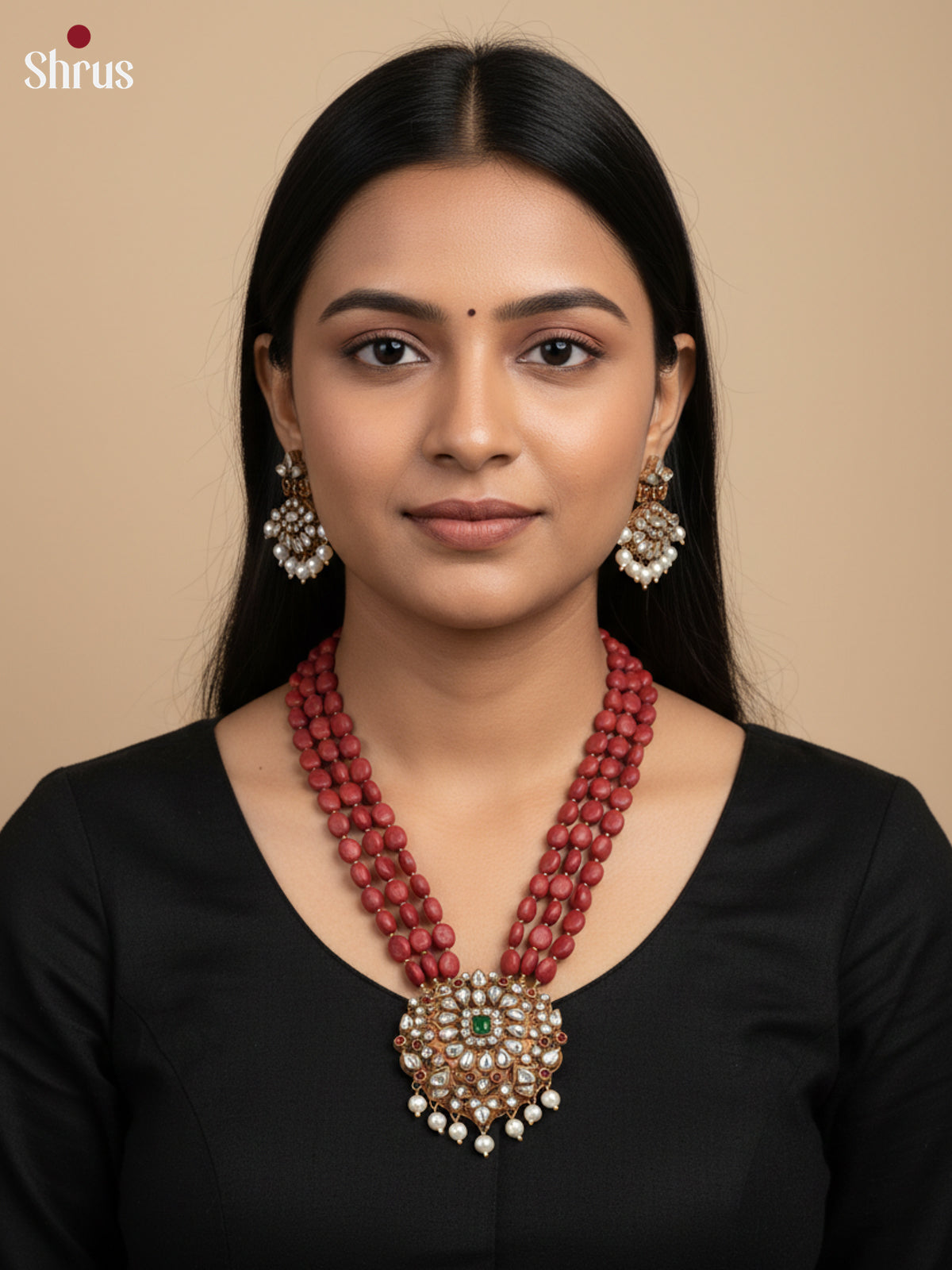 Beautiful three stranded Red Bead Terracotta set with pendant -EAJ30020 - Shop on Shrus.com