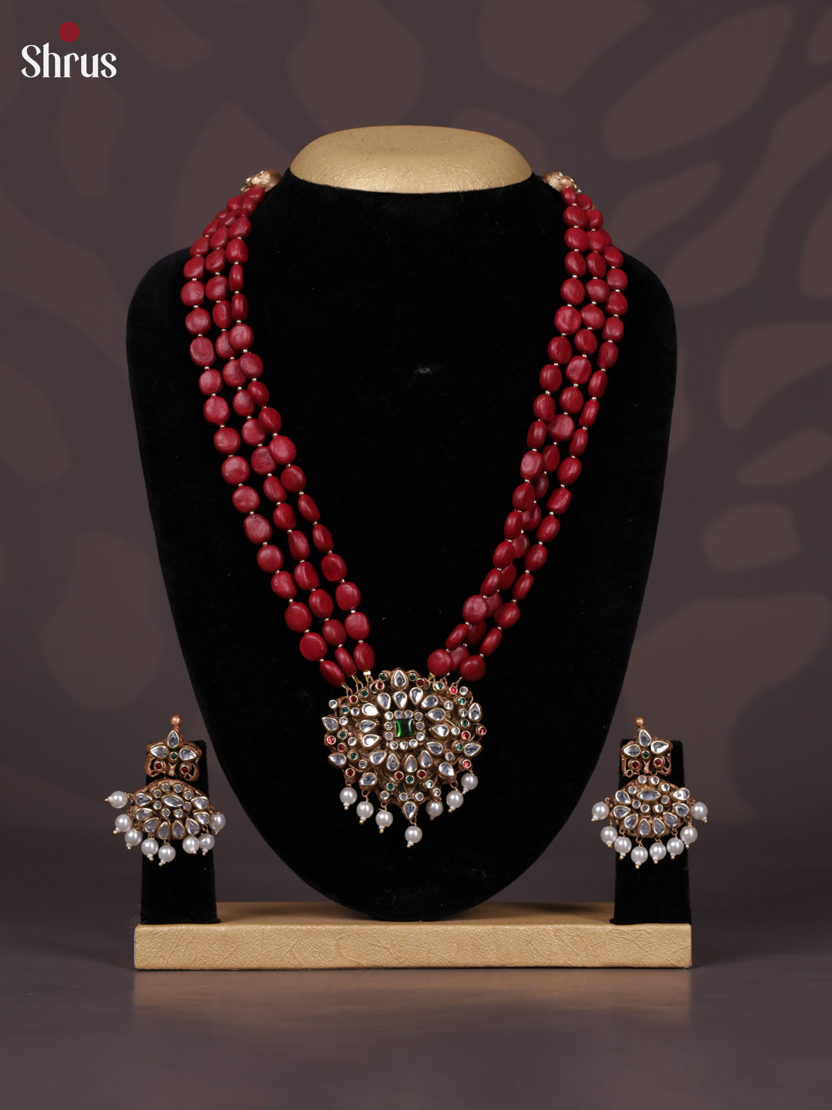Beautiful three stranded Red Bead Terracotta set with pendant -EAJ30020 - Shop on Shrus.com