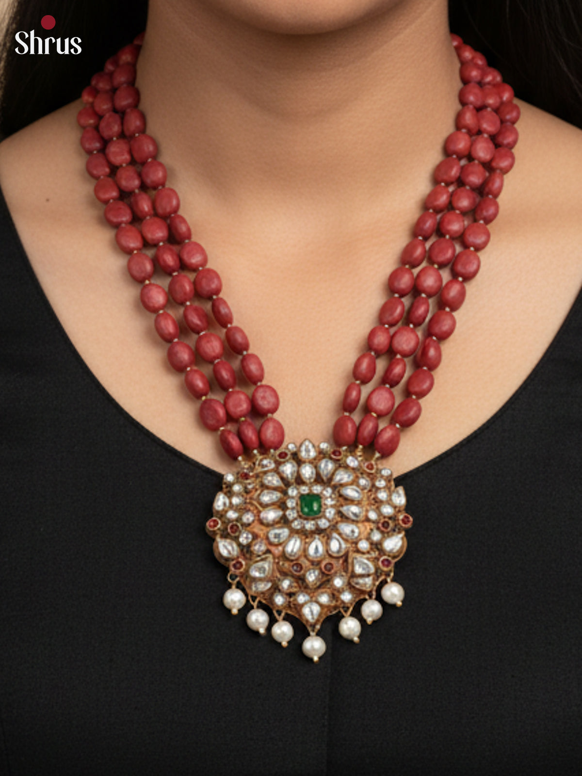 Beautiful three stranded Red Bead Terracotta set with pendant -EAJ30020 - Shop on Shrus.com