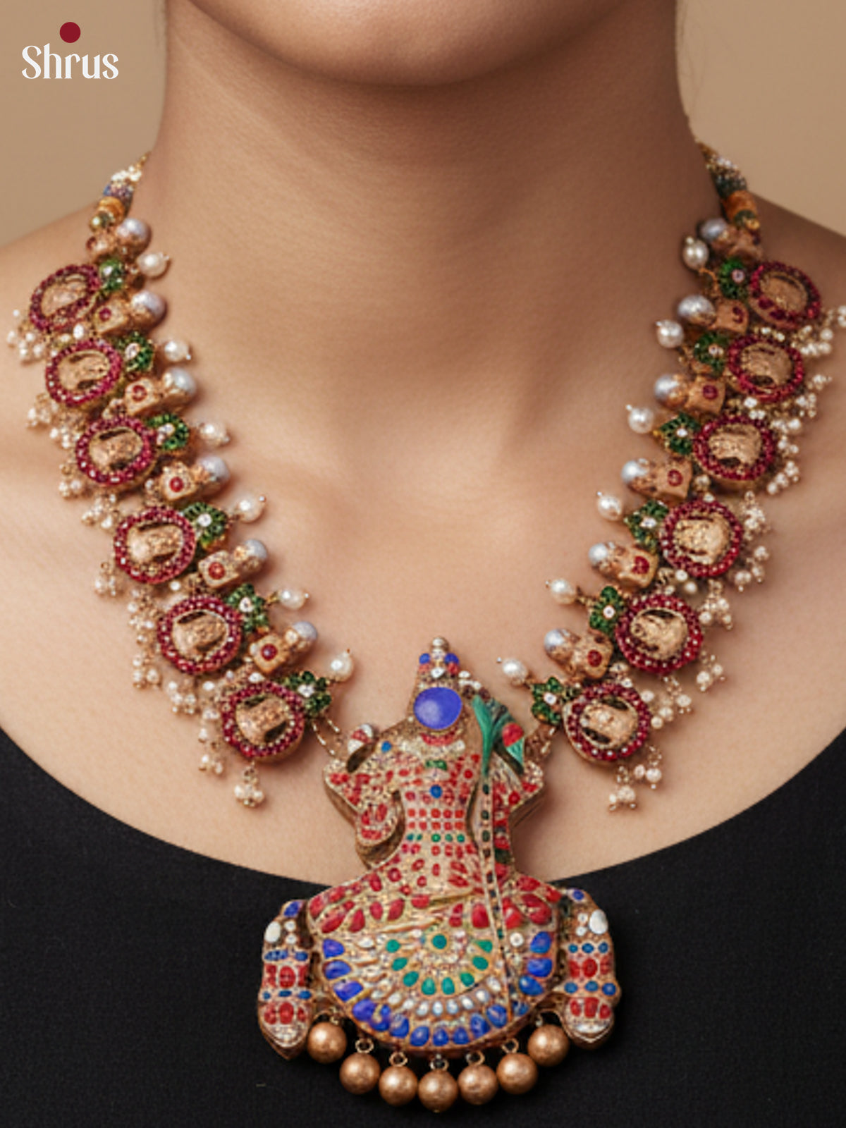 Divine Lakshmi motifs terracotta necklace with Kamakshi pendant - EAJ30031