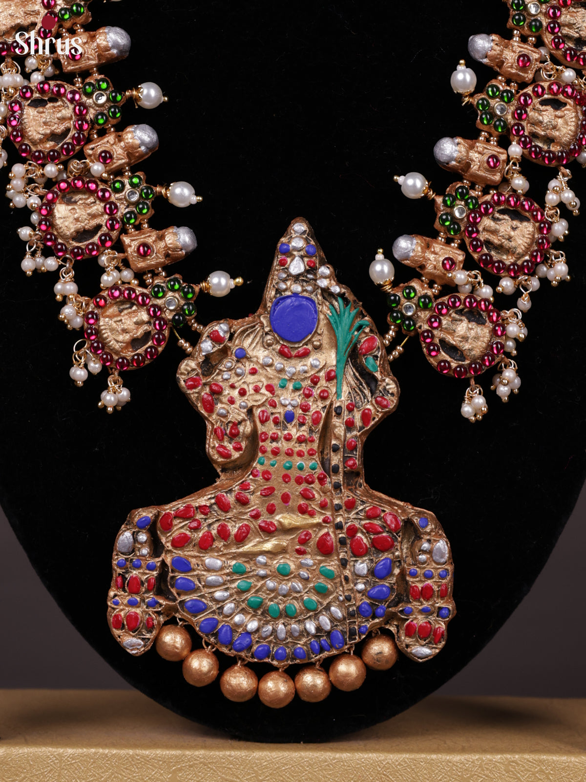 Divine Lakshmi motifs terracotta necklace with Kamakshi pendant - EAJ30031