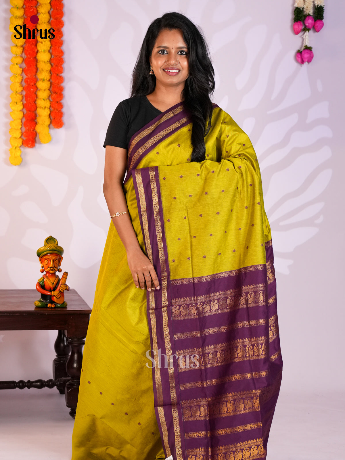 Lime Green & Purple - Kalyani Cotton Saree - Shop on Shrus.com