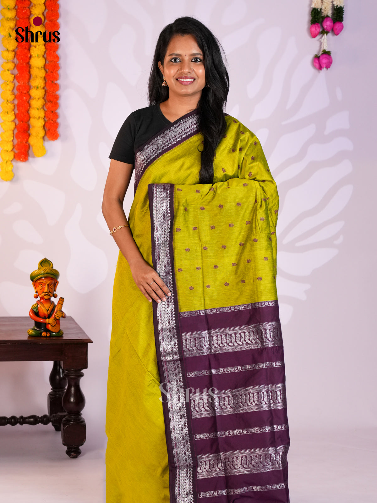 Lime Green & Dark Purple - Kalyani Cotton Saree - Shop on Shrus.com