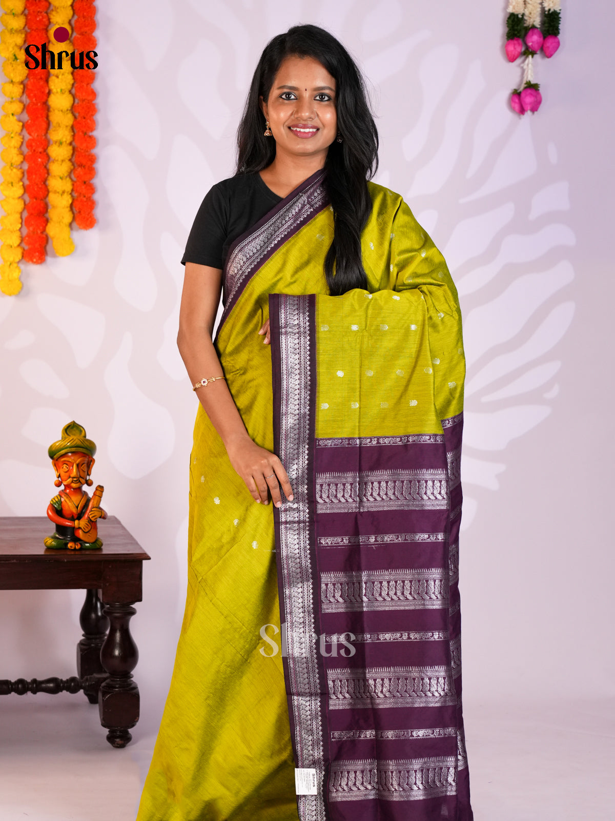 Lime Green & Dark Purple - Kalyani Cotton Saree - Shop on Shrus.com