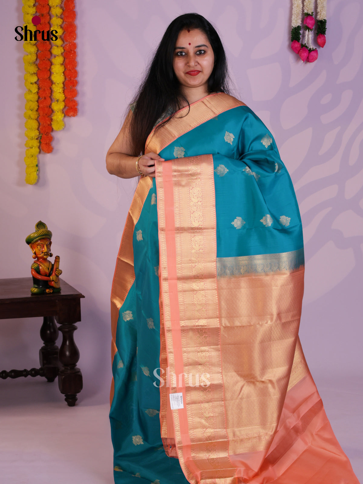 Blue & Peach - Kanchipuram-halfpure Saree- EAS08275 - Shop on Shrus.com