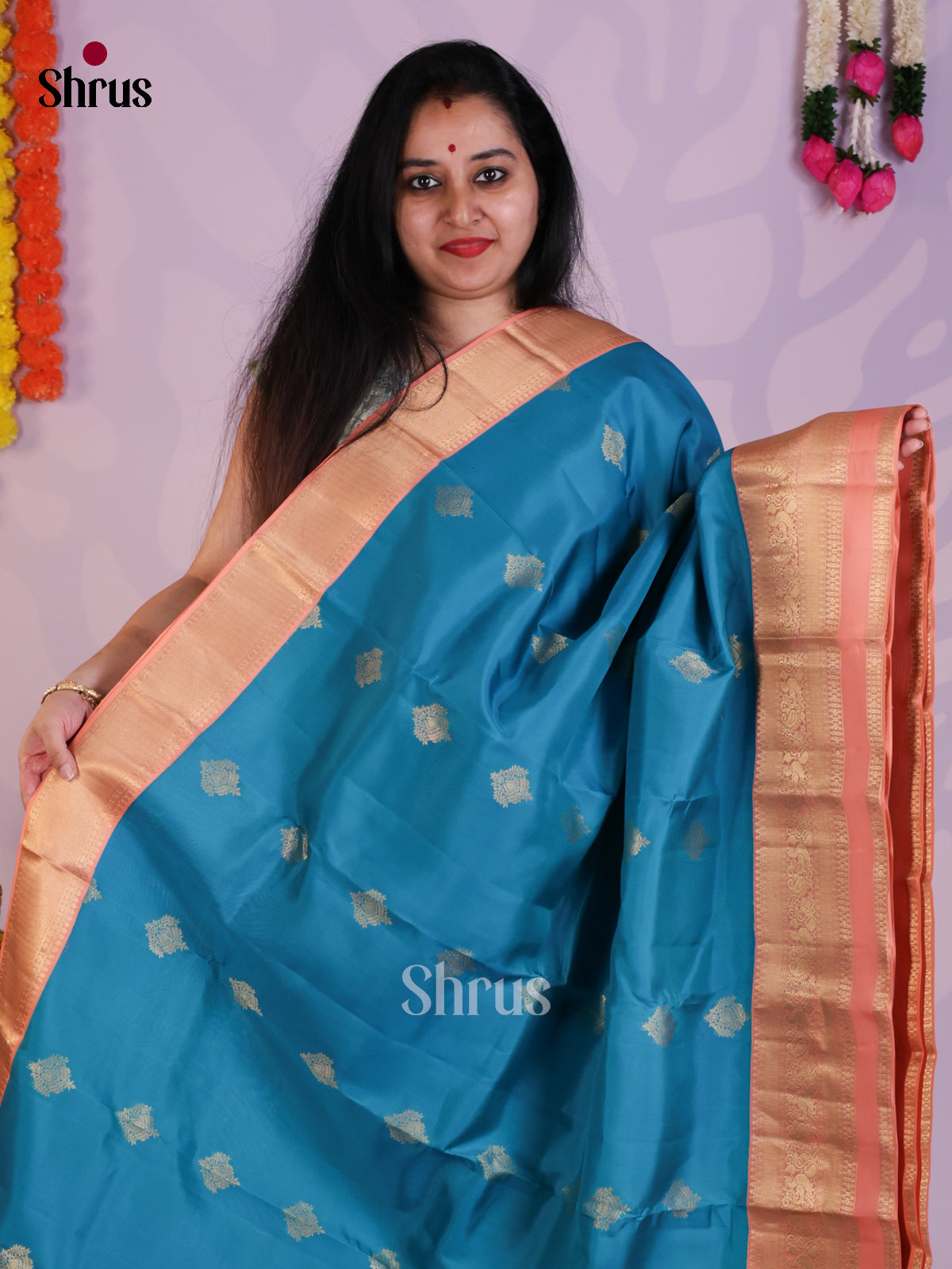 Blue & Peach - Kanchipuram-halfpure Saree- EAS08275 - Shop on Shrus.com