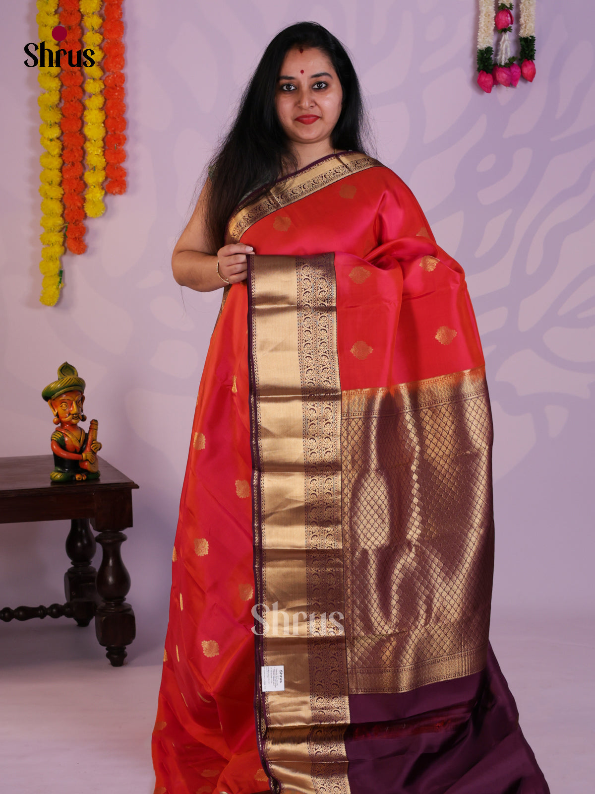 Orangish Pink & Purple- Kanchipuram-halfpure Saree -EAS08289 - Shop on Shrus.com