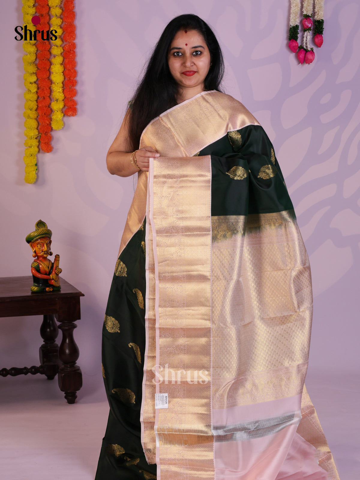 Dark Green & Dusty Pink - Kanchipuram-halfpure Saree- EAS08293 - Shop on Shrus.com