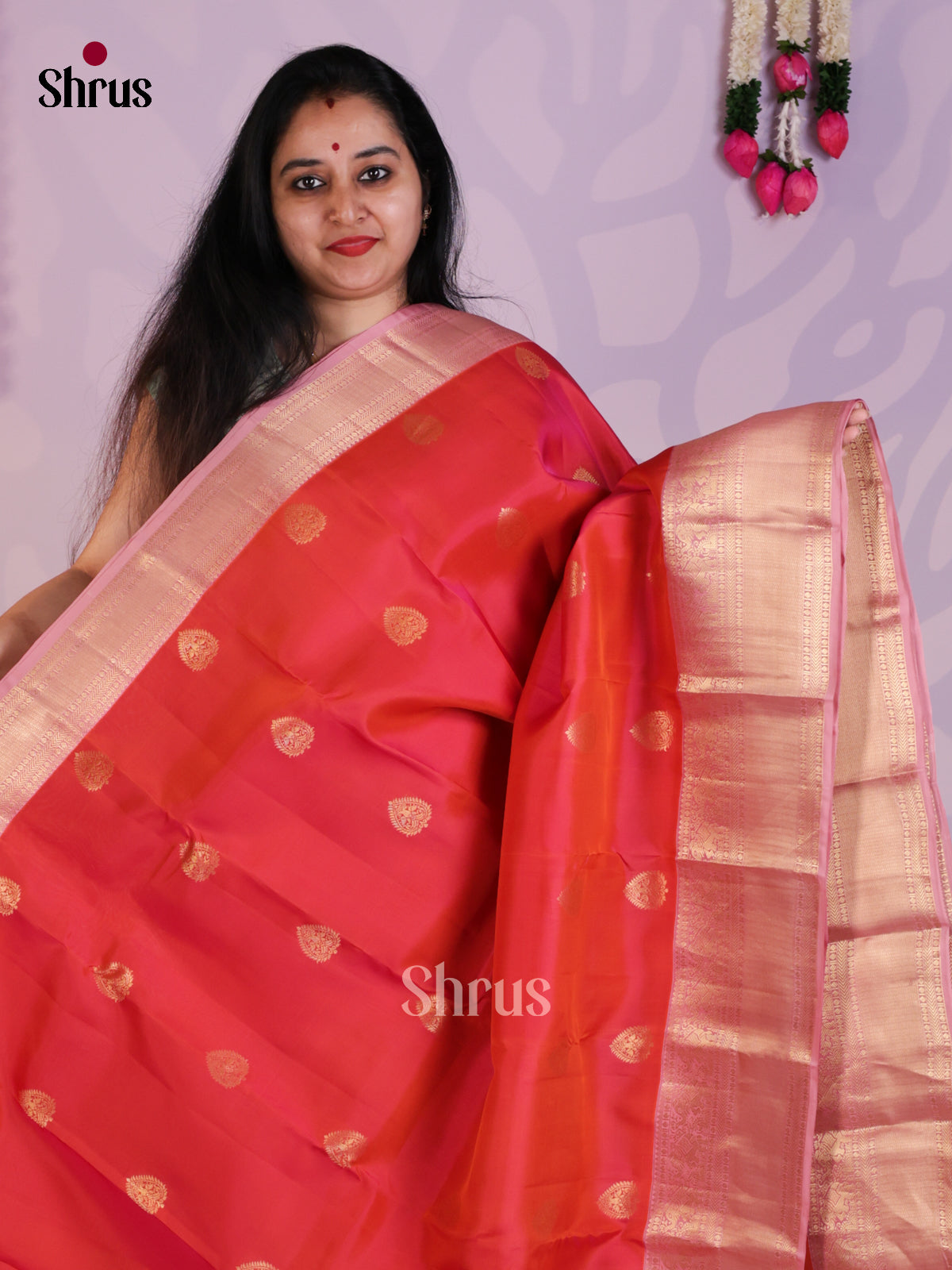 Orangish Pink & lavender - Kanchipuram-halfpure Saree-EAS08302 - Shop on Shrus.com