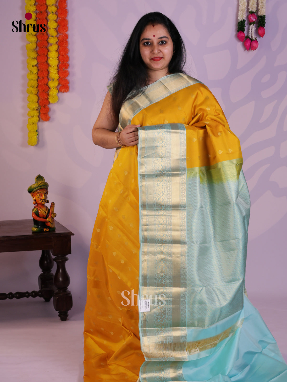 Yellow & Ice Blue- Kanchipuram-halfpure Saree - EAS08306 - Shop on Shrus.com